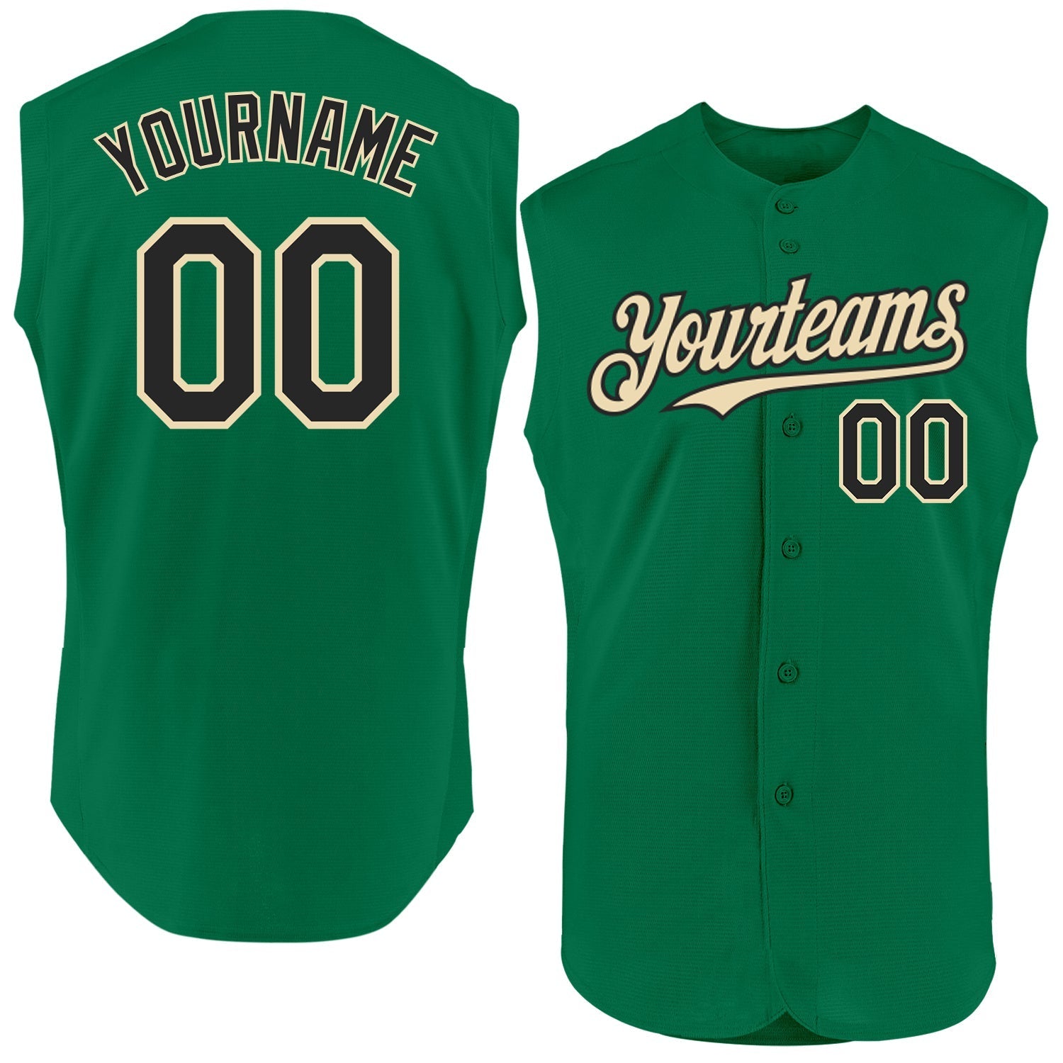 Custom Kelly Green Black-Cream Authentic Sleeveless Baseball Jersey baseball jersey product view 1