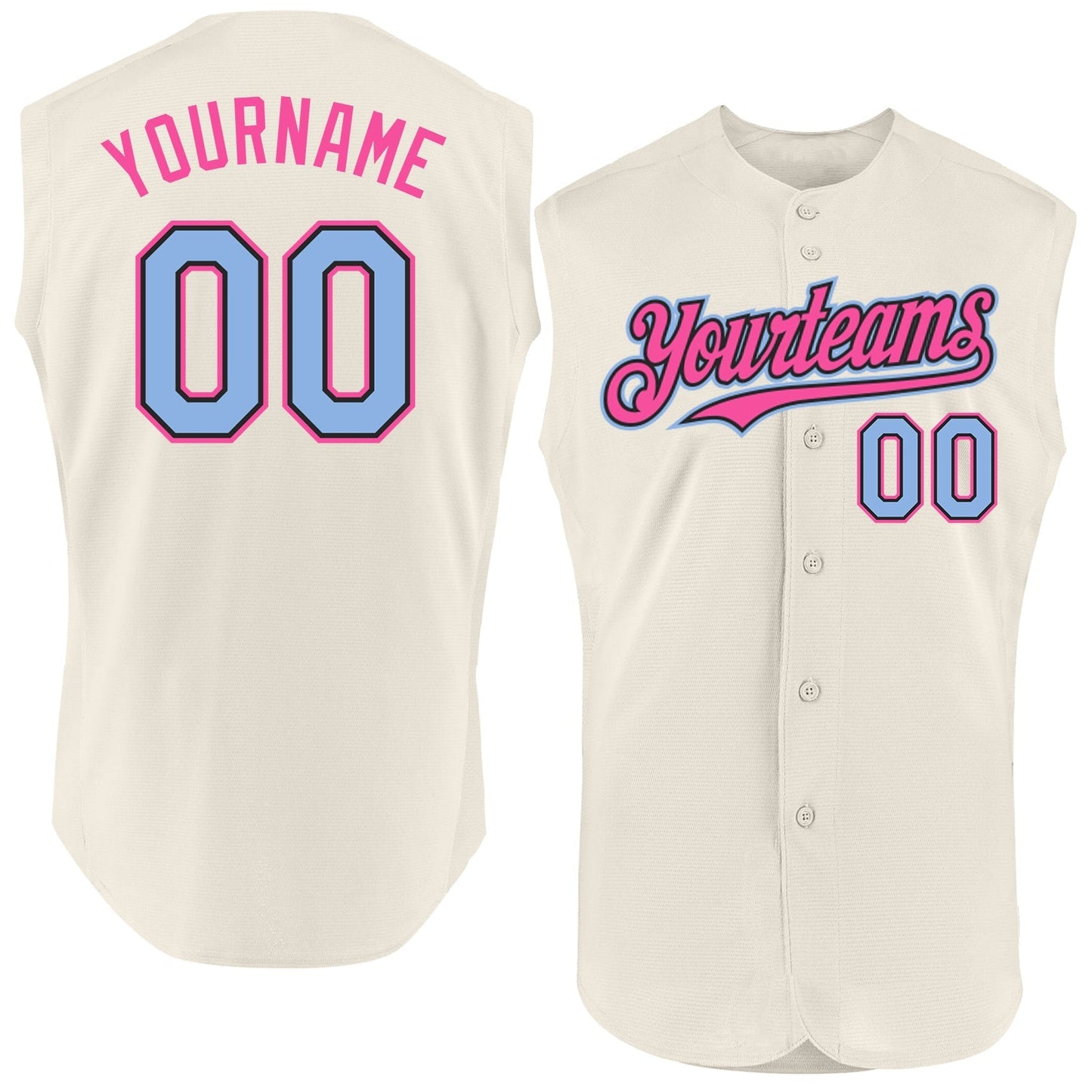 Custom Cream Light Blue Black-Pink Authentic Sleeveless Baseball Jersey baseball jersey product view 1