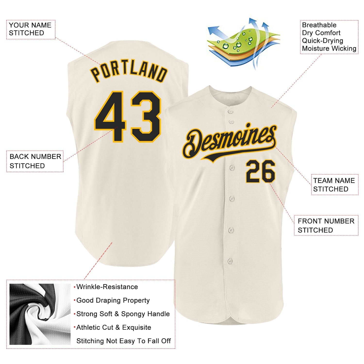 Custom Cream Black-Gold Authentic Sleeveless Baseball Jersey baseball jersey product view 2