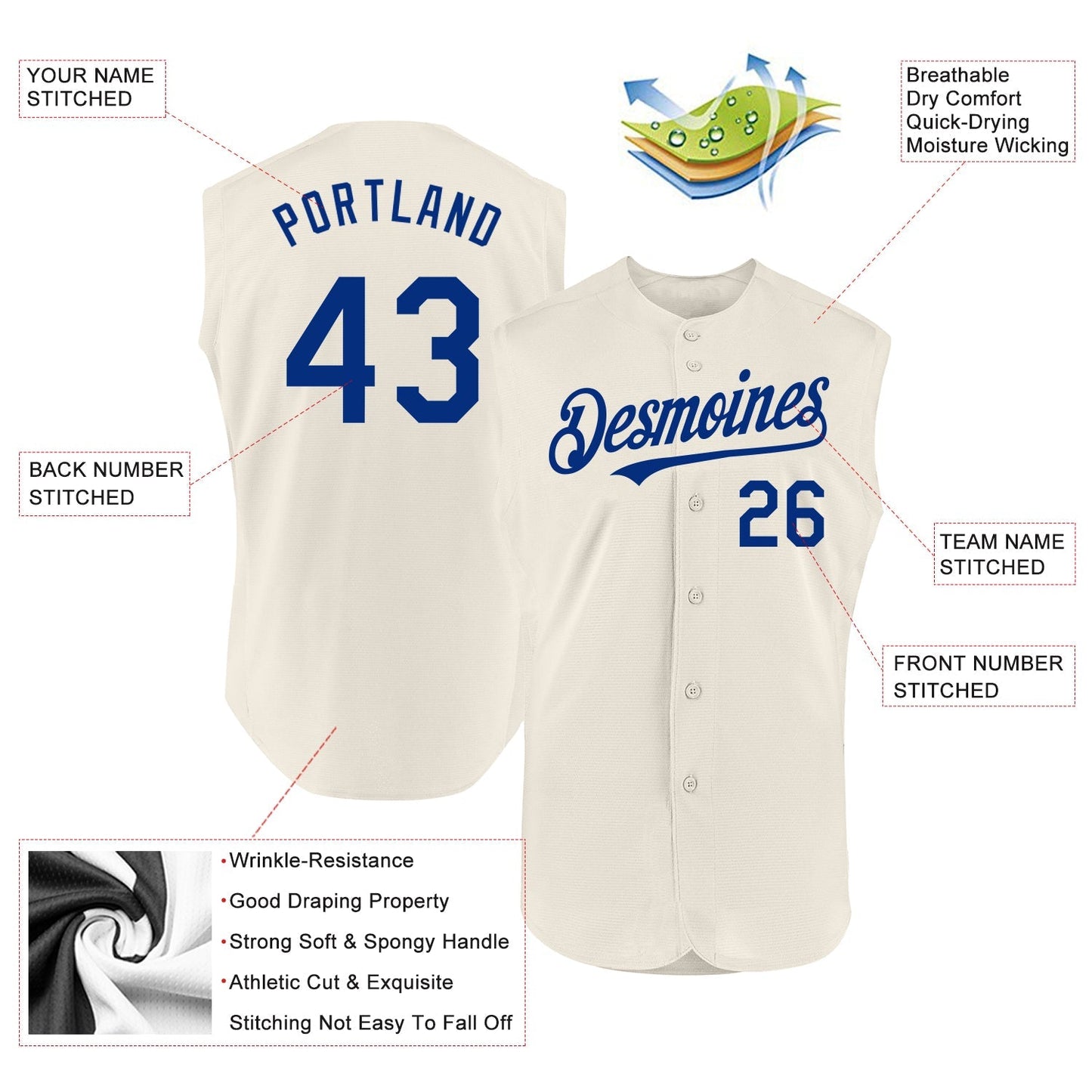 Custom Cream Royal Authentic Sleeveless Baseball Jersey baseball jersey product view 2