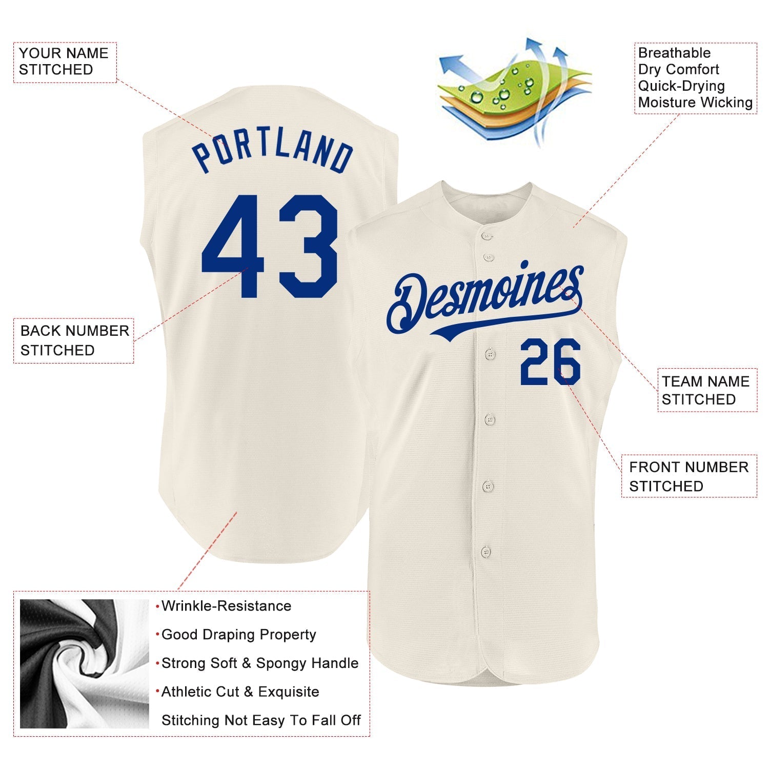 Custom Cream Royal Authentic Sleeveless Baseball Jersey baseball jersey product view 2