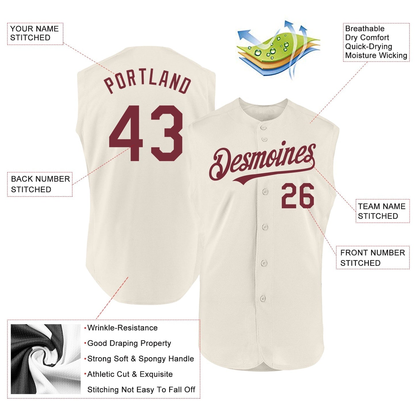 Custom Cream Burgundy Authentic Sleeveless Baseball Jersey baseball jersey product view 2