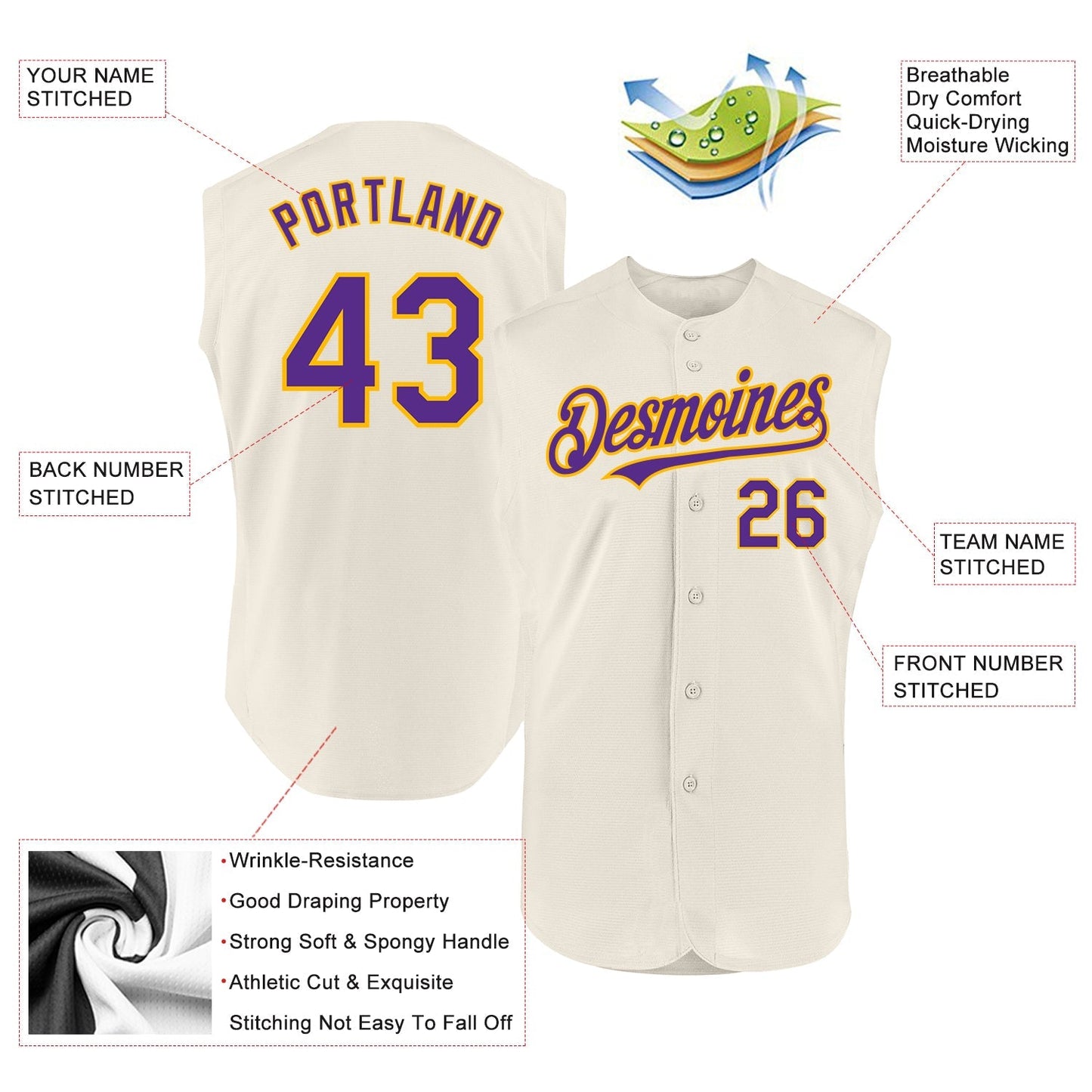 Custom Cream Purple-Gold Authentic Sleeveless Baseball Jersey baseball jersey product view 2