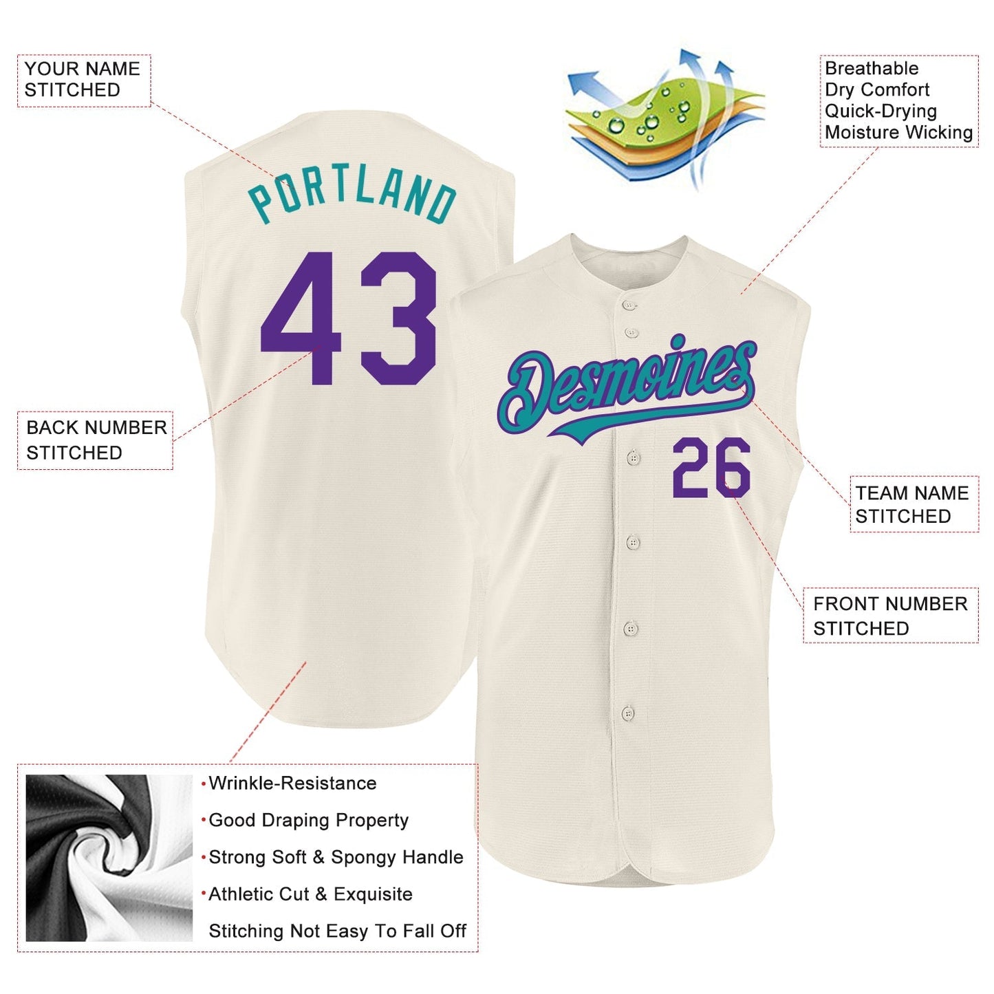 Custom Cream Purple-Teal Authentic Sleeveless Baseball Jersey baseball jersey product view 2