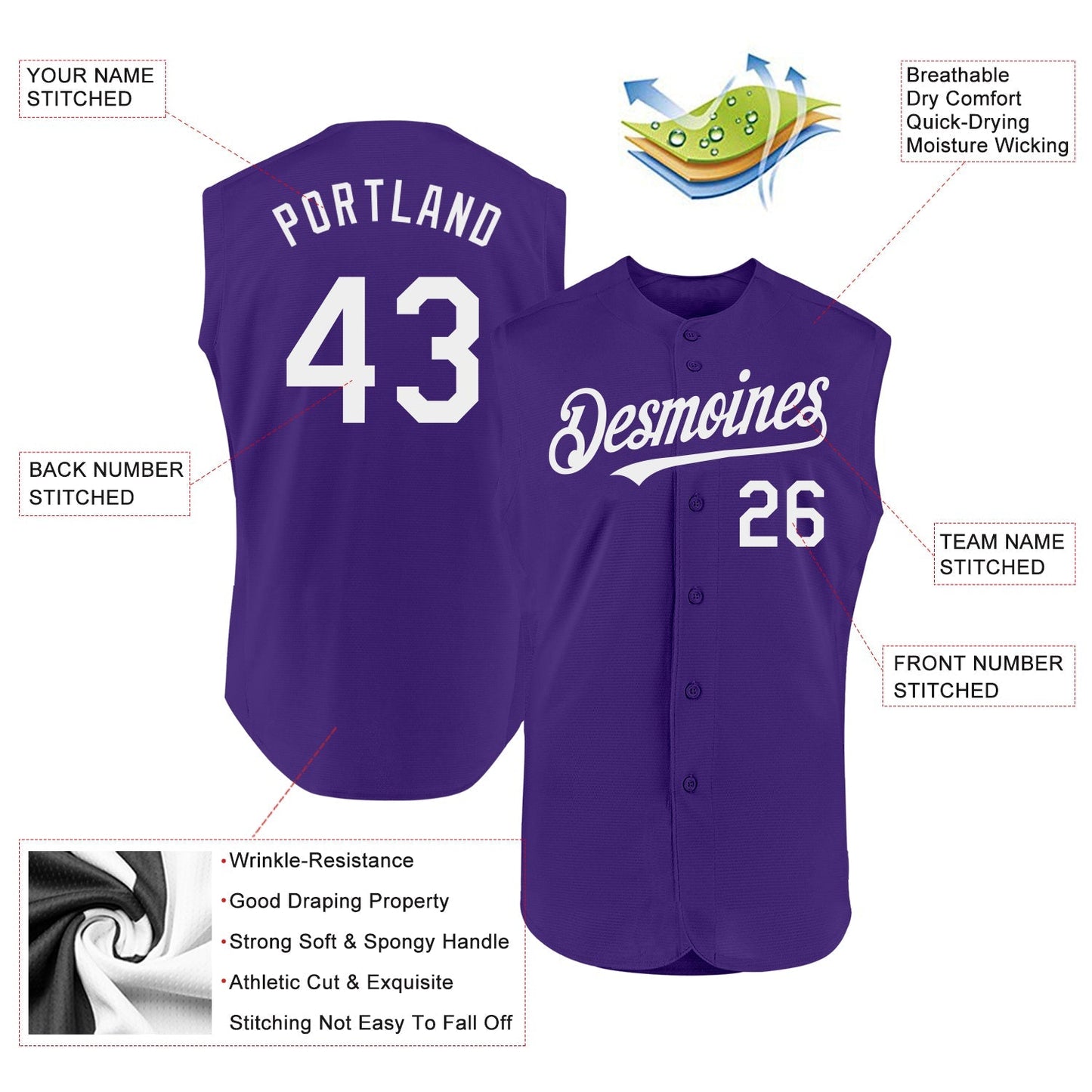 Custom Purple White Authentic Sleeveless Baseball Jersey baseball jersey product view 2