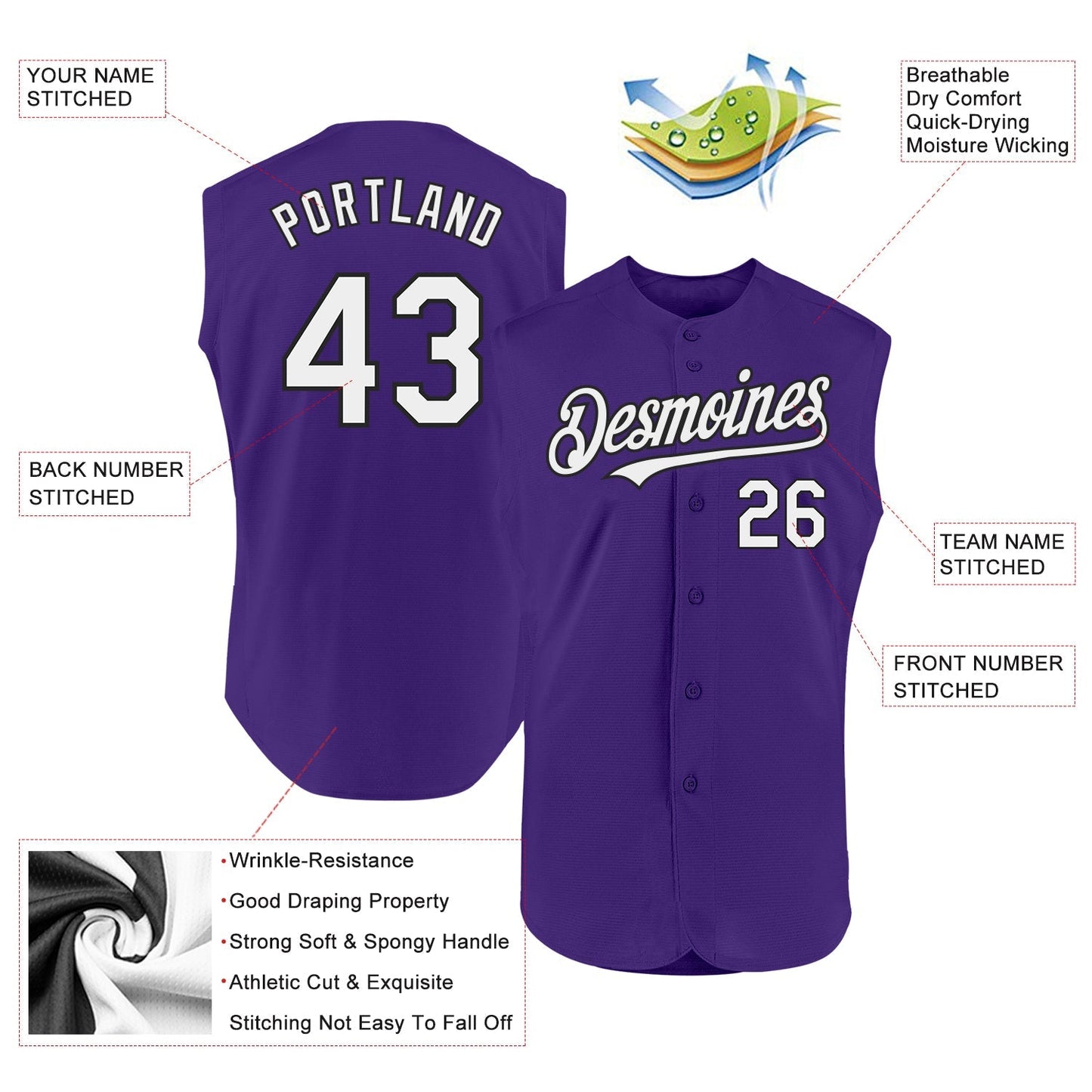 Custom Purple White-Black Authentic Sleeveless Baseball Jersey baseball jersey product view 2