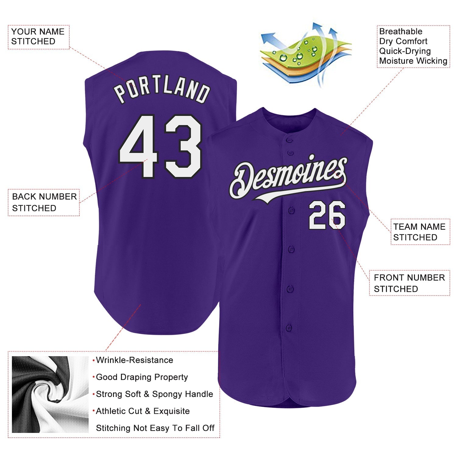 Custom Purple White-Black Authentic Sleeveless Baseball Jersey baseball jersey product view 2
