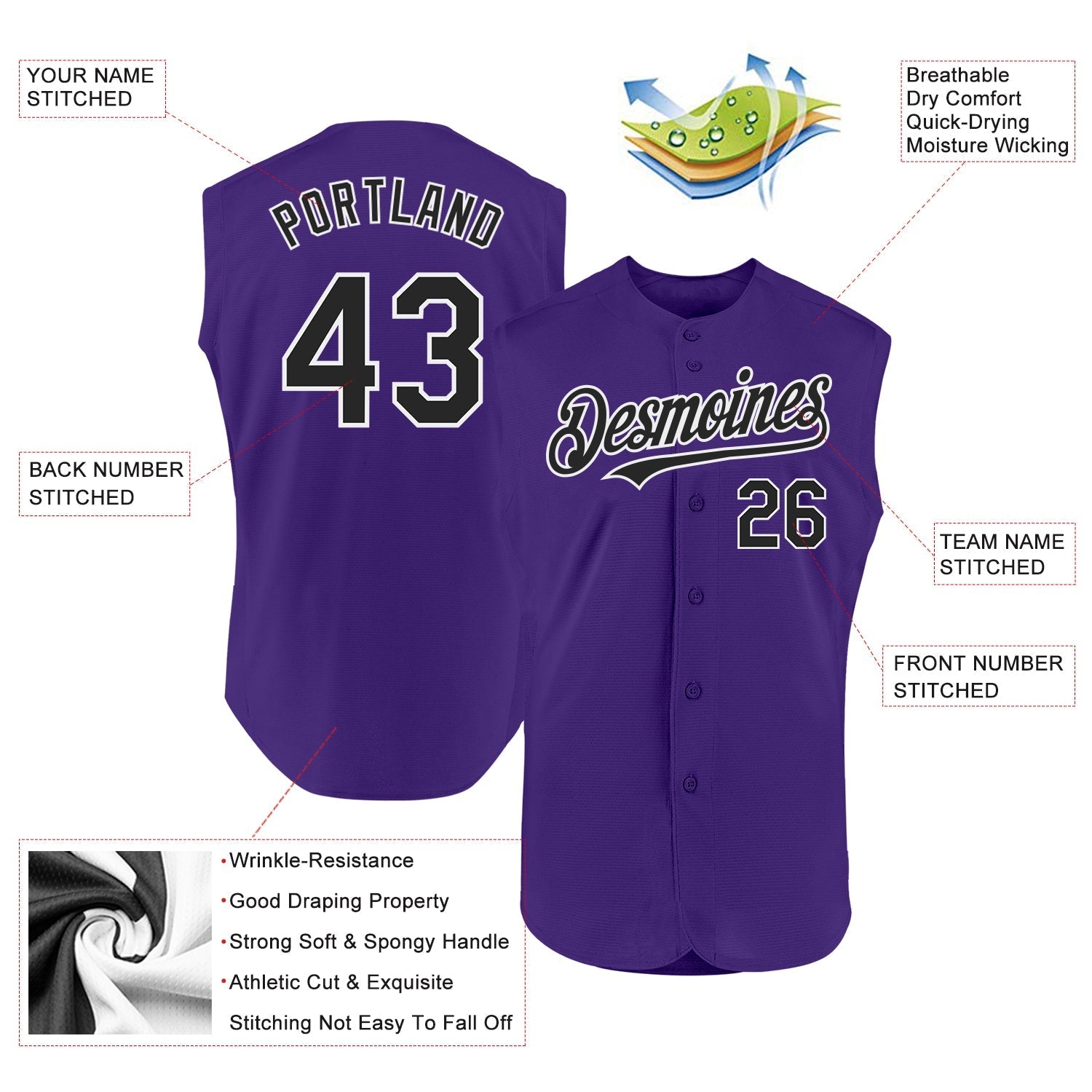 Custom Purple Black-White Authentic Sleeveless Baseball Jersey baseball jersey product view 2