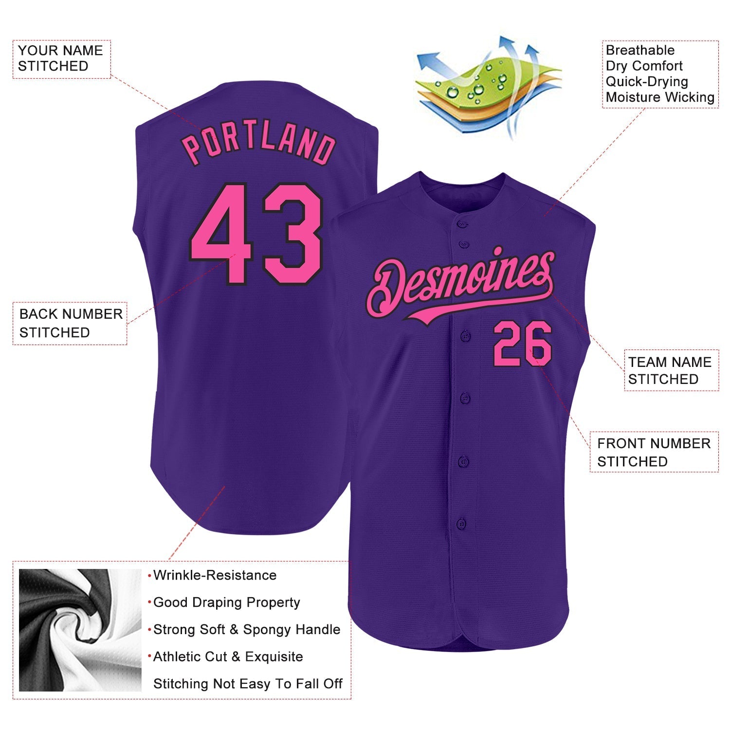 Custom Purple Pink-Black Authentic Sleeveless Baseball Jersey baseball jersey product view 2
