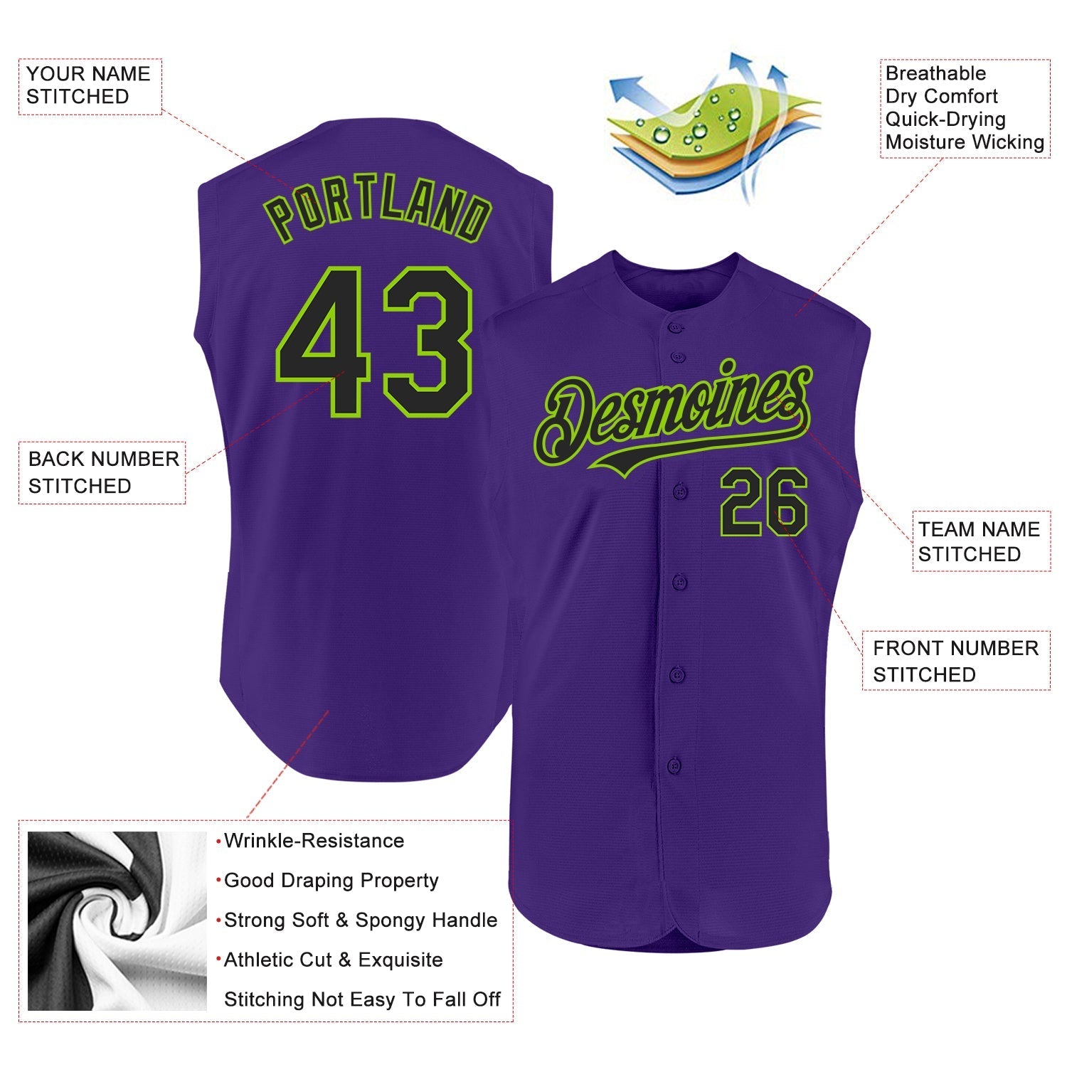 Custom Purple Black-Neon Green Authentic Sleeveless Baseball Jersey baseball jersey product view 2