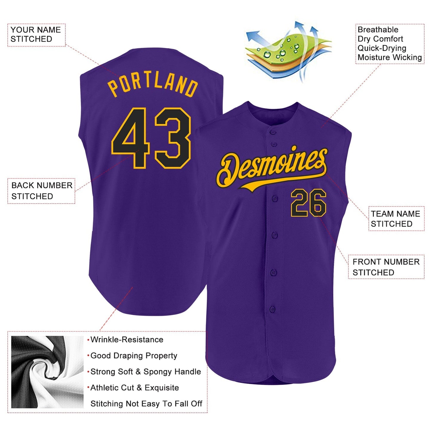 Custom Purple Black-Gold Authentic Sleeveless Baseball Jersey baseball jersey product view 2