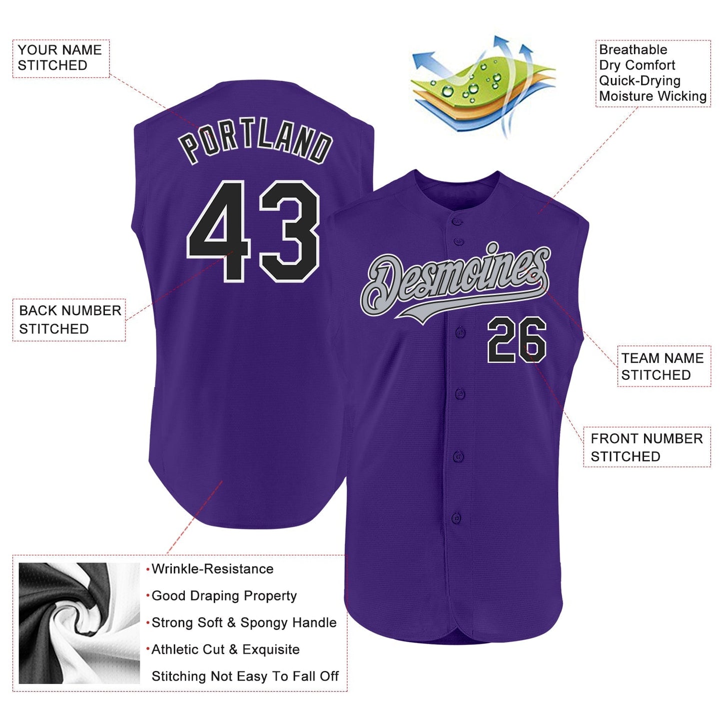 Custom Purple Black-Gray Authentic Sleeveless Baseball Jersey baseball jersey product view 2