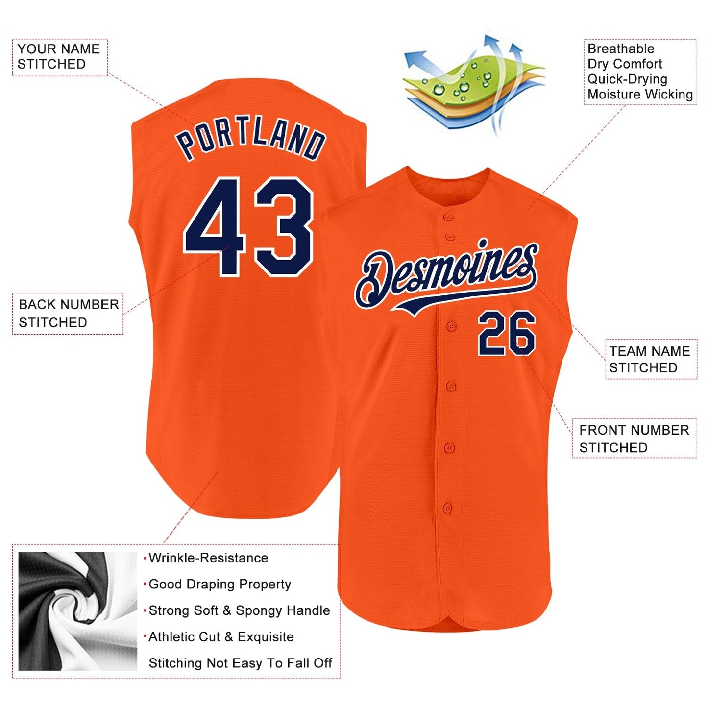 Custom Orange Navy-White Authentic Sleeveless Baseball Jersey baseball jersey product view 2
