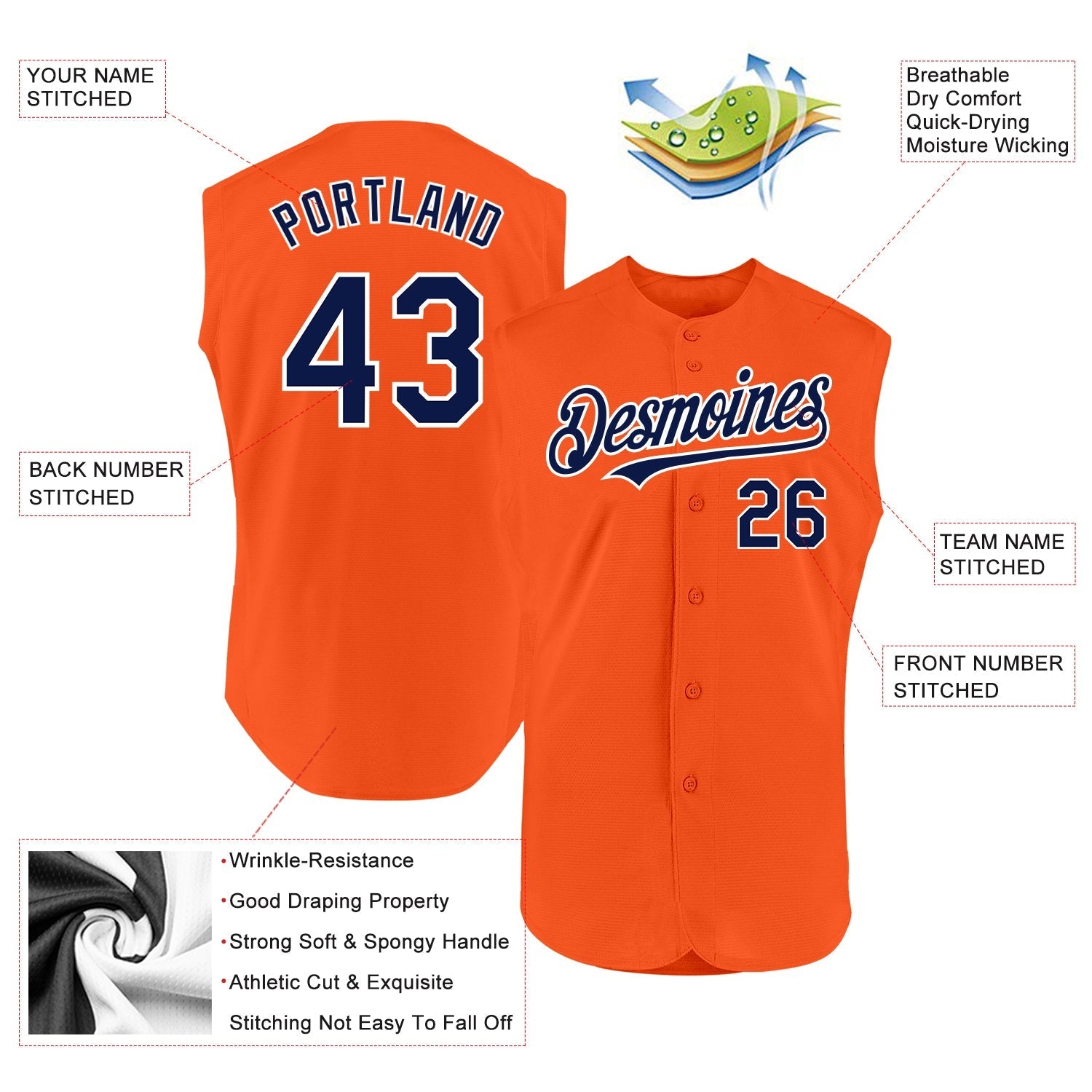 Custom Orange Navy-White Authentic Sleeveless Baseball Jersey baseball jersey product view 2