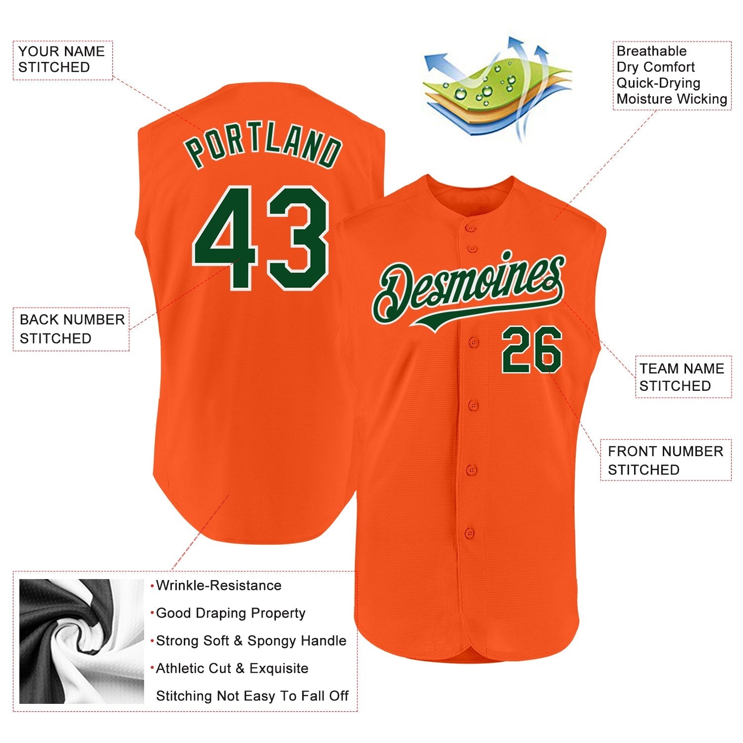 Custom Orange Green-White Authentic Sleeveless Baseball Jersey baseball jersey product view 2