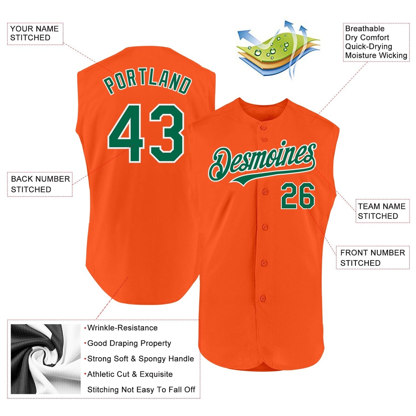 Custom Orange Kelly Green-White Authentic Sleeveless Baseball Jersey baseball jersey product view 2