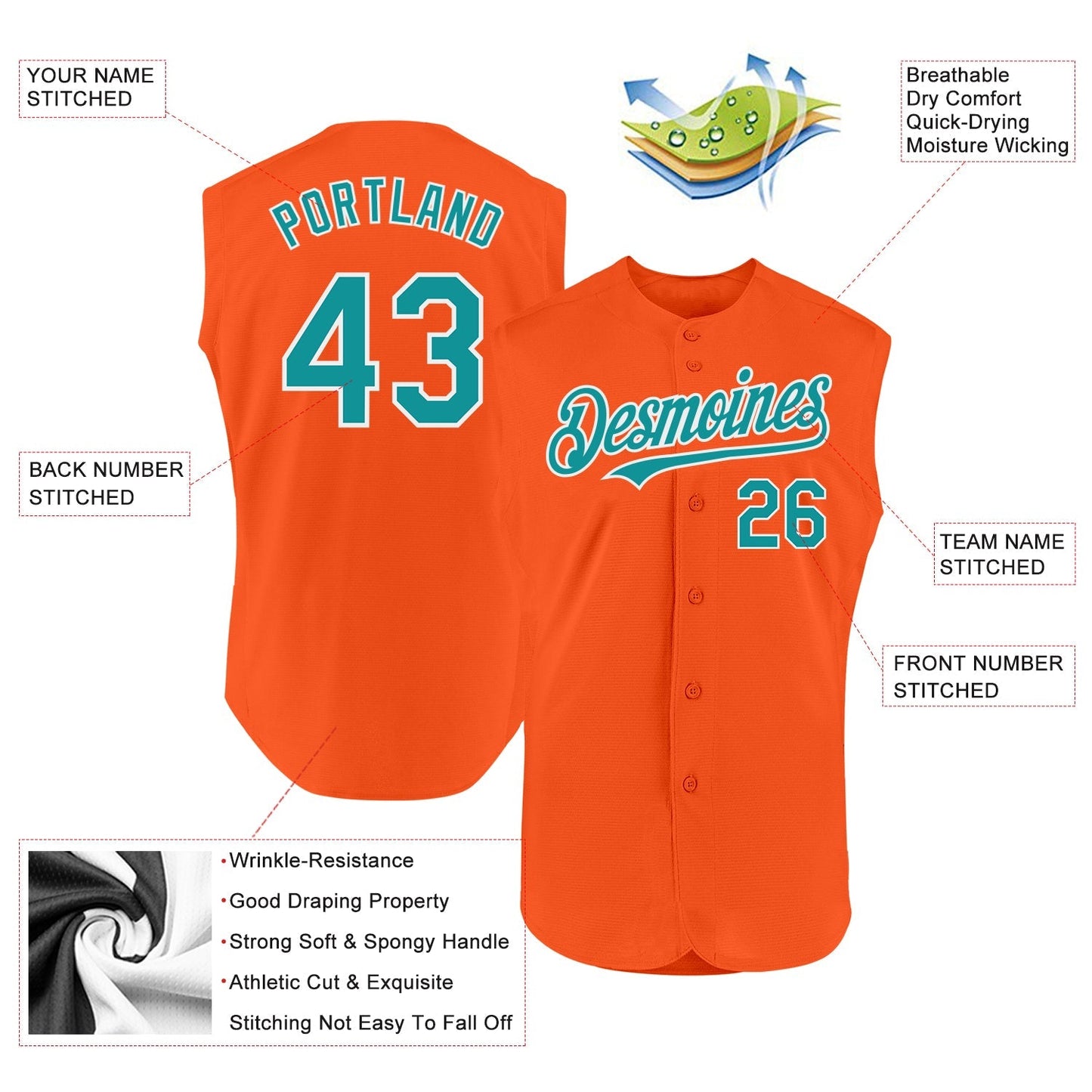 Custom Orange Teal-White Authentic Sleeveless Baseball Jersey baseball jersey product view 2
