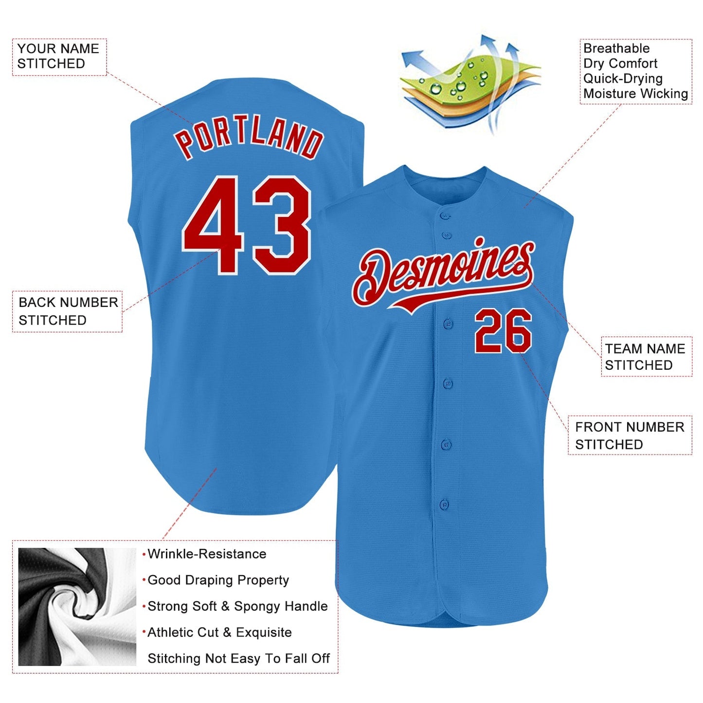 Custom Powder Blue Red-White Authentic Sleeveless Baseball Jersey baseball jersey product view 2