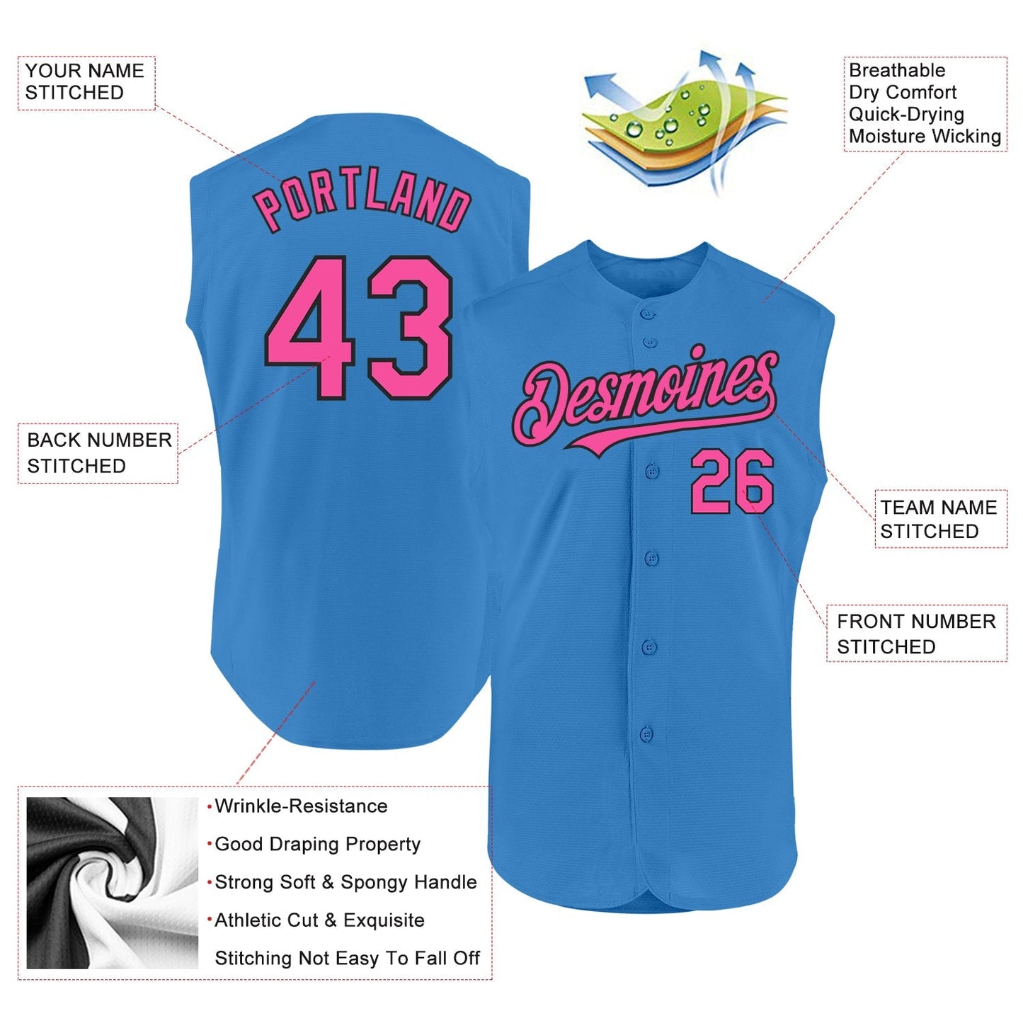 Custom Powder Blue Pink-Black Authentic Sleeveless Baseball Jersey baseball jersey product view 2