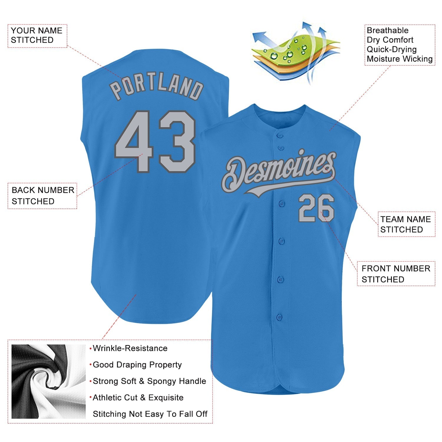 Custom Powder Blue Gray-Steel Gray Authentic Sleeveless Baseball Jersey baseball jersey product view 2
