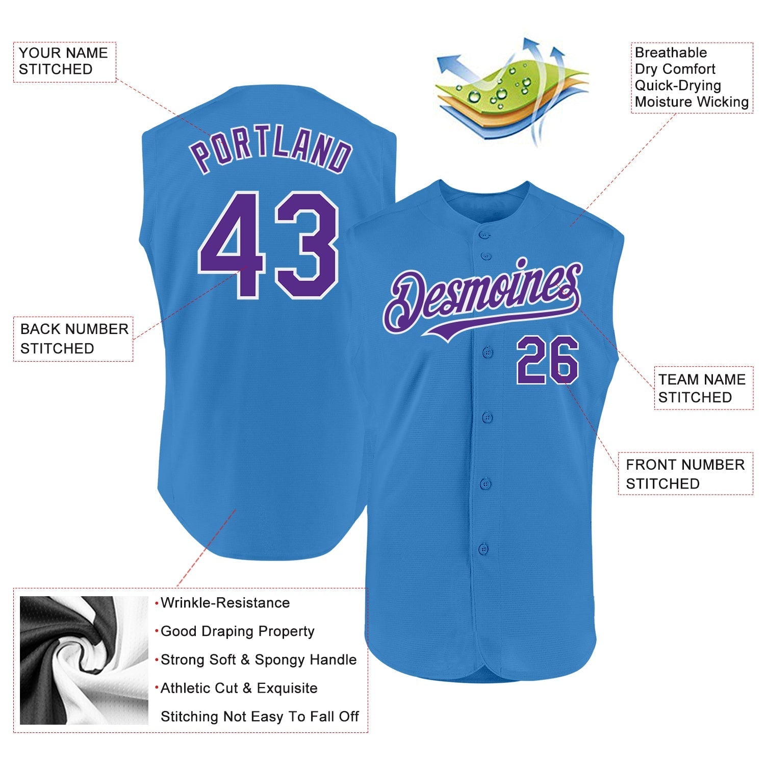 Custom Powder Blue Purple-White Authentic Sleeveless Baseball Jersey baseball jersey product view 2