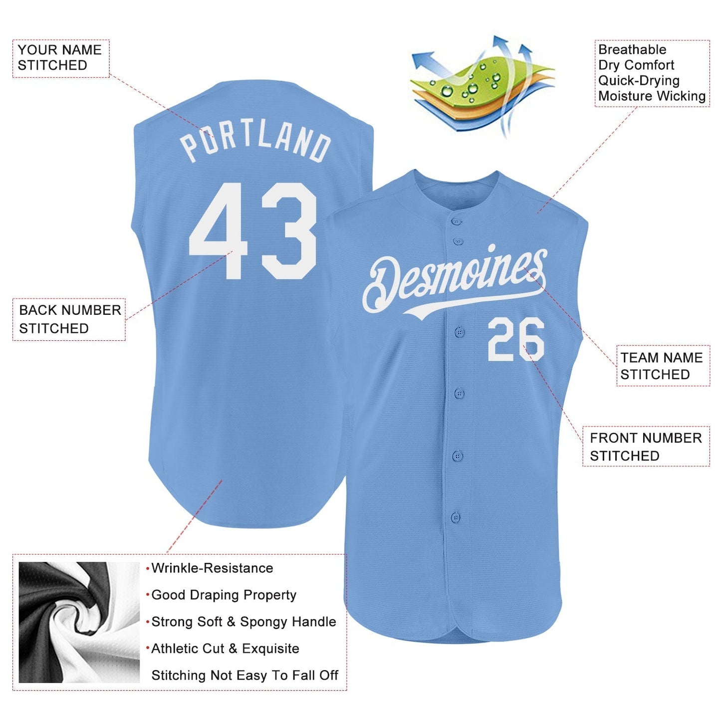 Custom Light Blue White Authentic Sleeveless Baseball Jersey baseball jersey product view 2