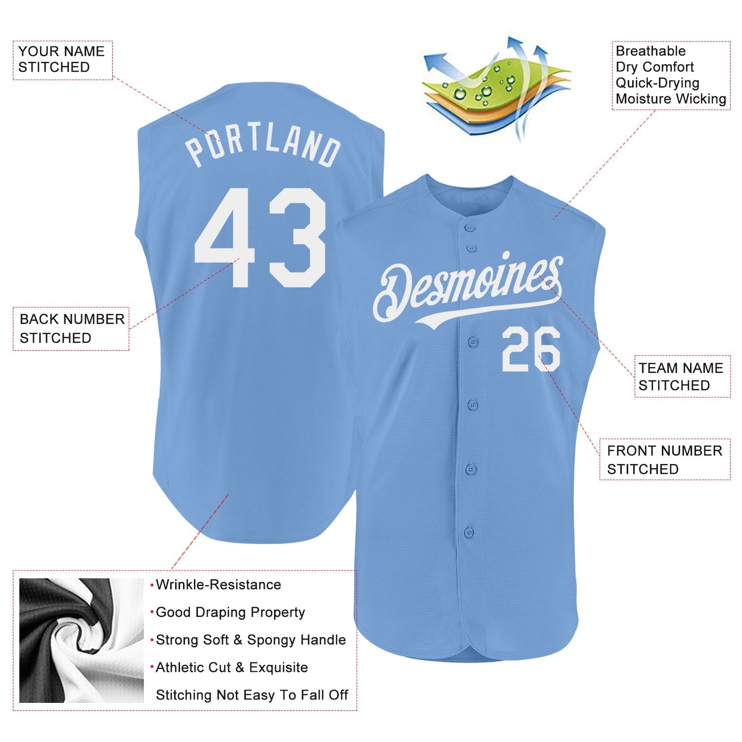 Custom Light Blue White Authentic Sleeveless Baseball Jersey baseball jersey product view 2