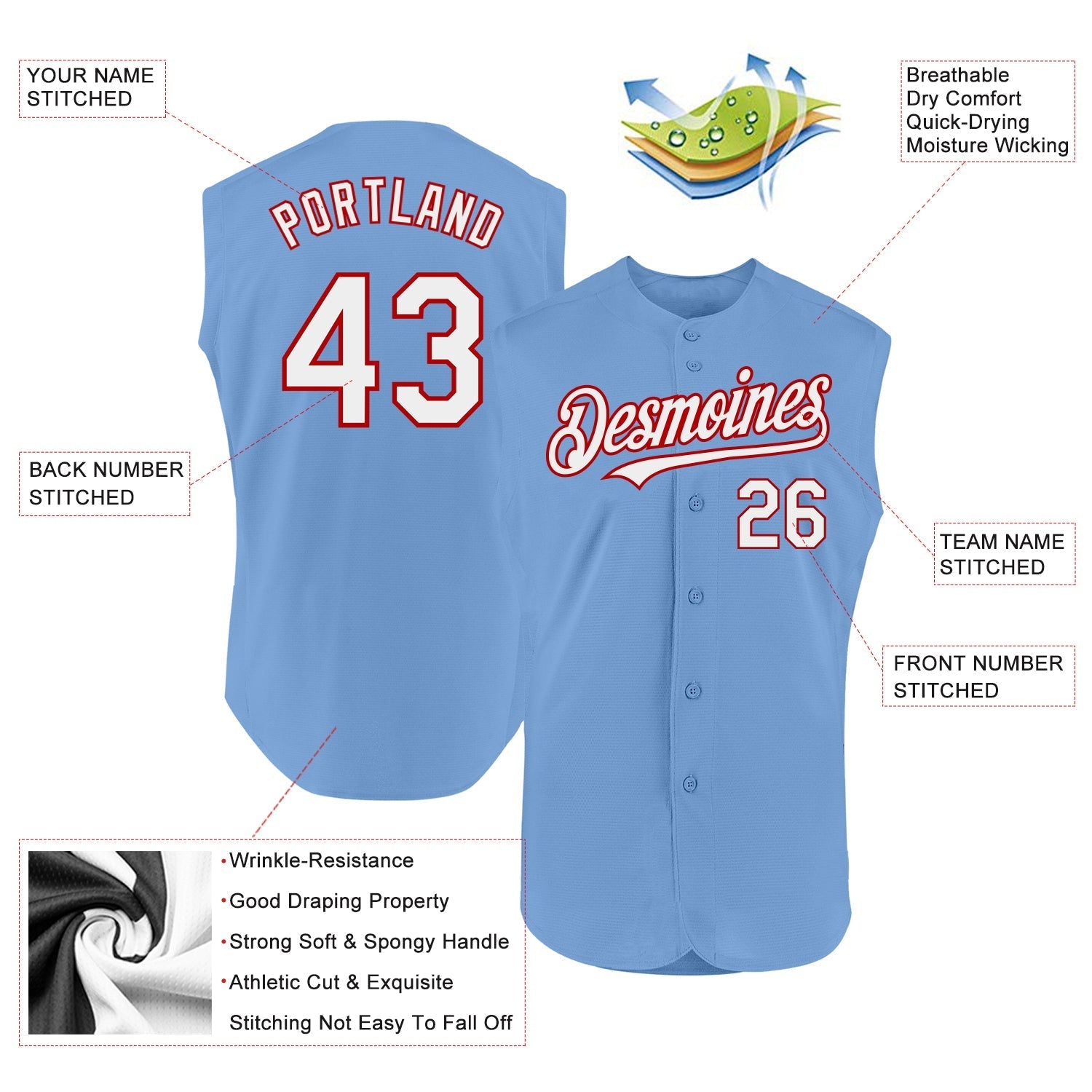 Custom Light Blue White-Red Authentic Sleeveless Baseball Jersey baseball jersey product view 2