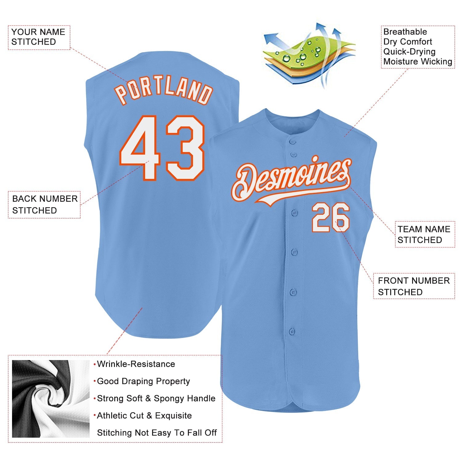 Custom Light Blue White-Orange Authentic Sleeveless Baseball Jersey baseball jersey product view 2
