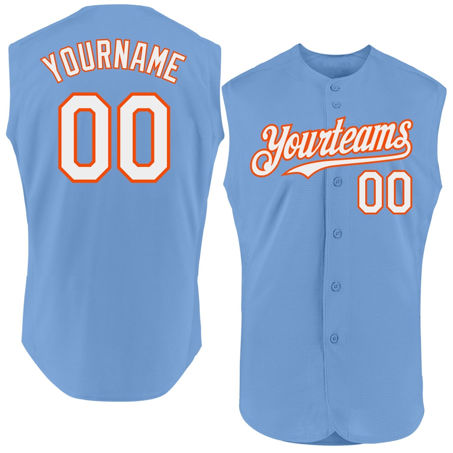Custom Light Blue White-Orange Authentic Sleeveless Baseball Jersey baseball jersey product view 1