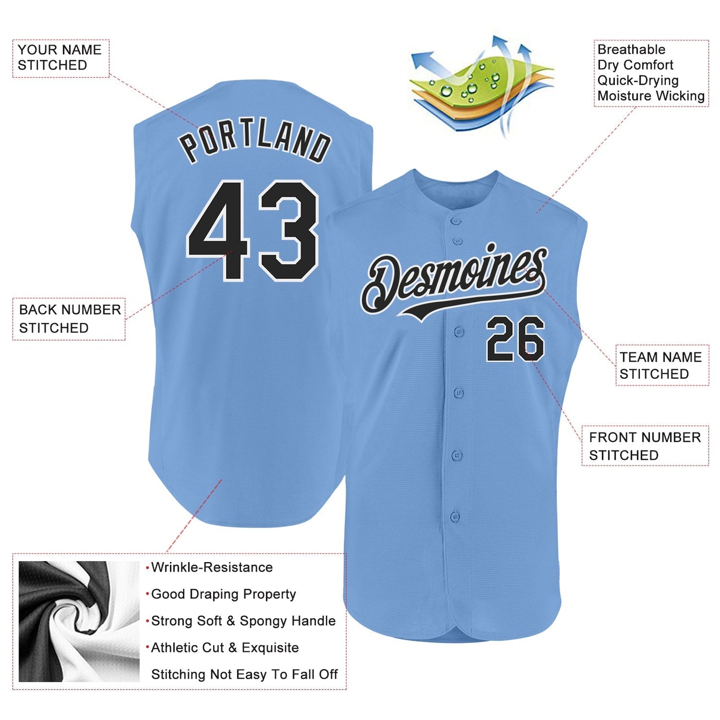 Custom Light Blue Black-White Authentic Sleeveless Baseball Jersey baseball jersey product view 2
