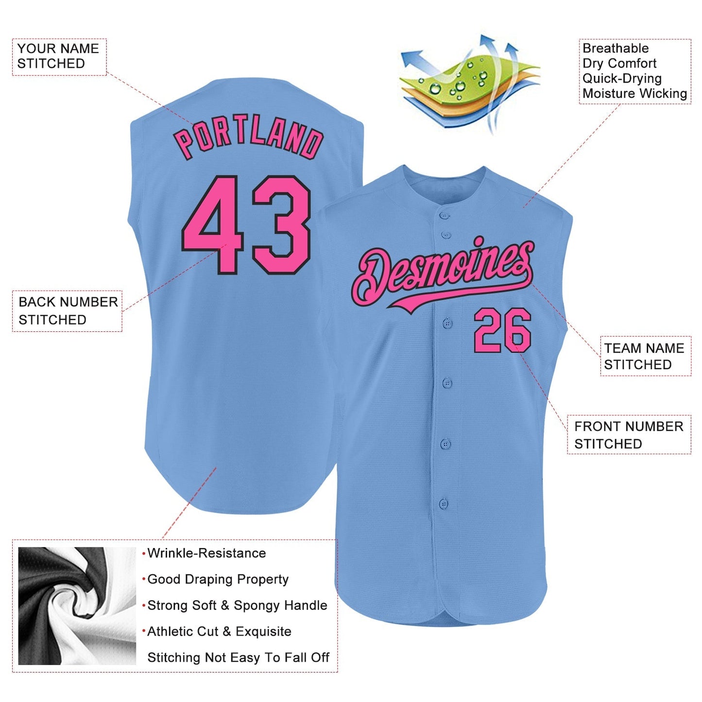 Custom Light Blue Pink-Black Authentic Sleeveless Baseball Jersey baseball jersey product view 2