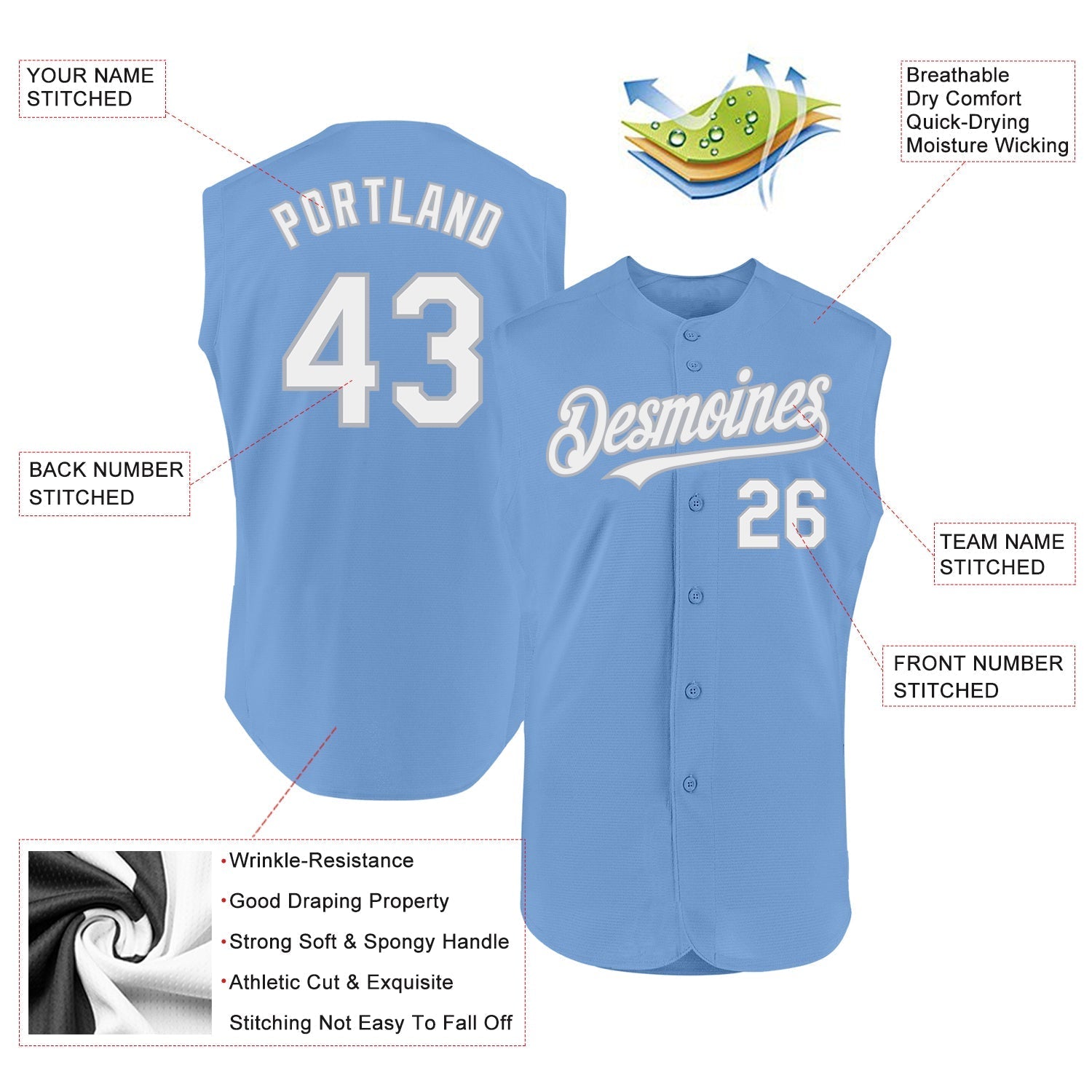 Custom Light Blue White-Gray Authentic Sleeveless Baseball Jersey baseball jersey product view 2