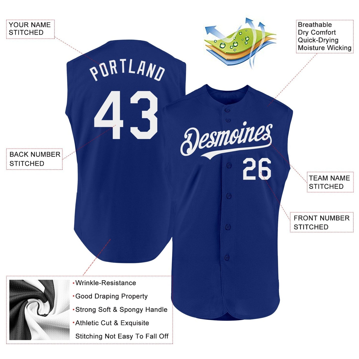 Custom Royal White Authentic Sleeveless Baseball Jersey baseball jersey product view 2