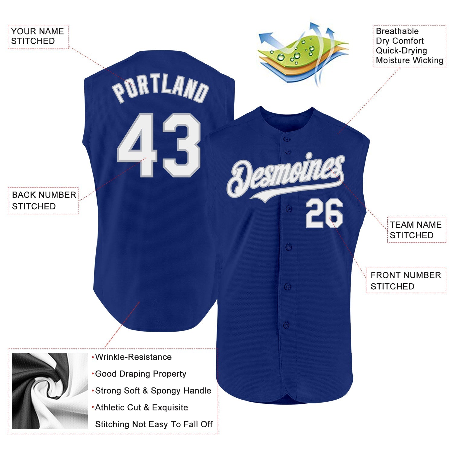 Custom Royal White-Gray Authentic Sleeveless Baseball Jersey baseball jersey product view 2