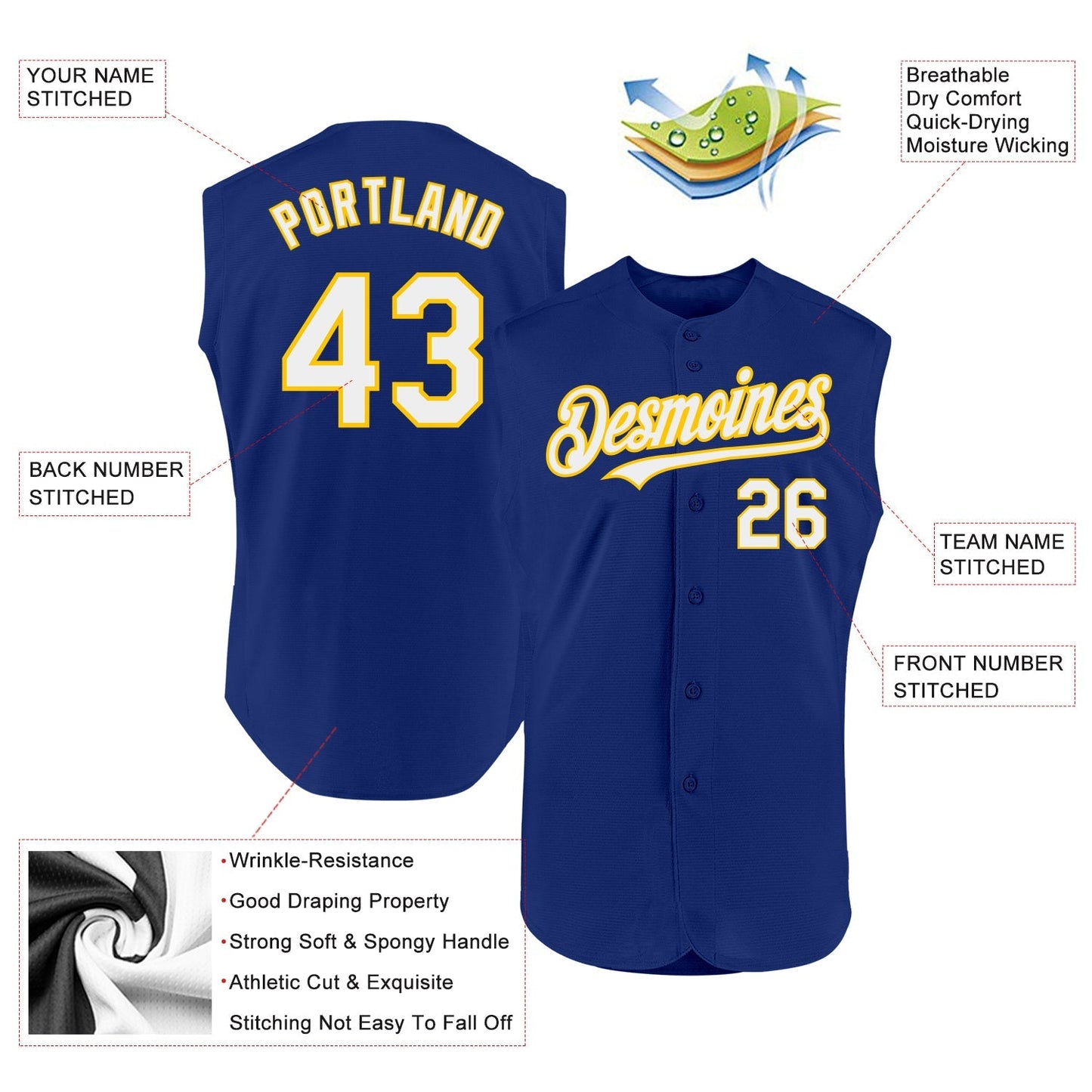 Custom Royal White-Yellow Authentic Sleeveless Baseball Jersey baseball jersey product view 2