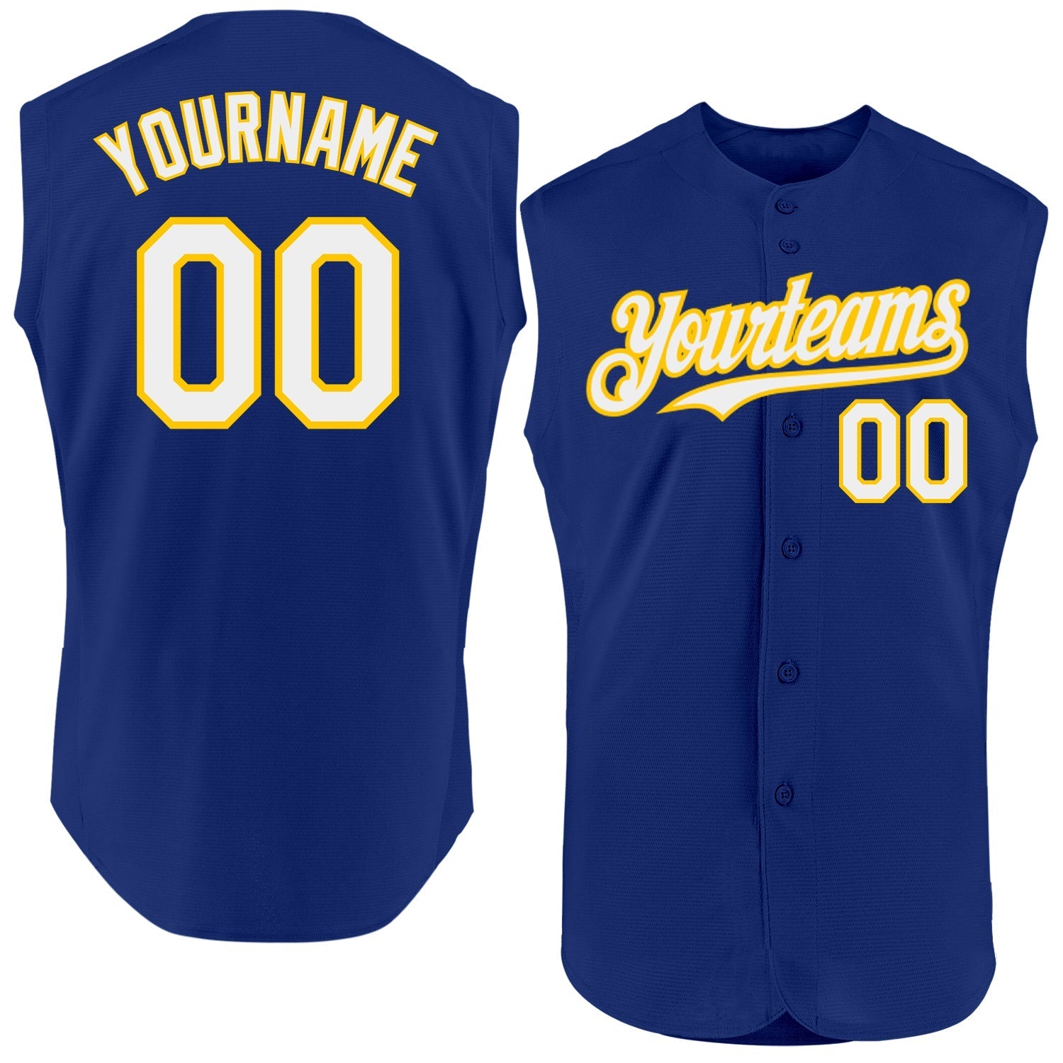 Custom Royal White-Yellow Authentic Sleeveless Baseball Jersey baseball jersey product view 1