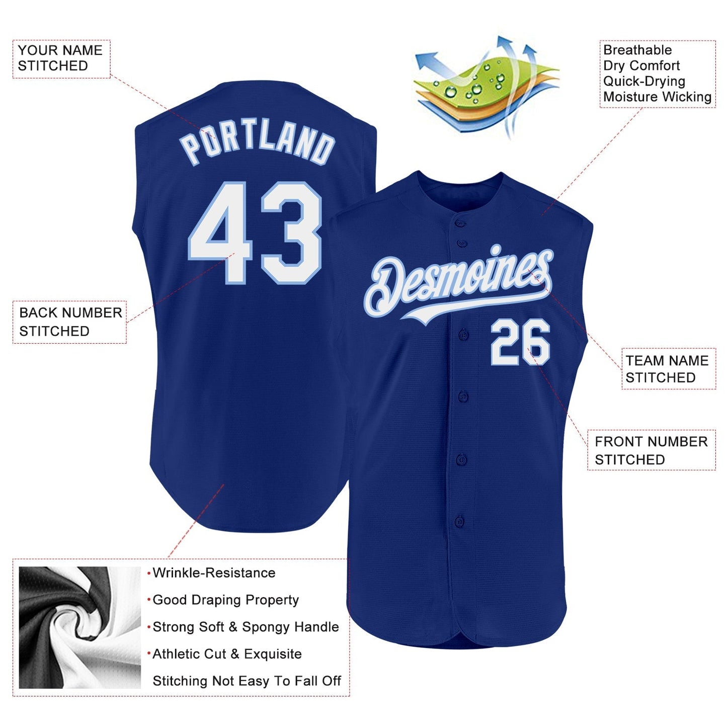 Custom Royal White-Light Blue Authentic Sleeveless Baseball Jersey baseball jersey product view 2