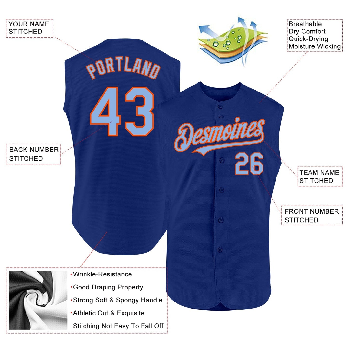 Custom Royal Light Blue-Orange Authentic Sleeveless Baseball Jersey baseball jersey product view 2
