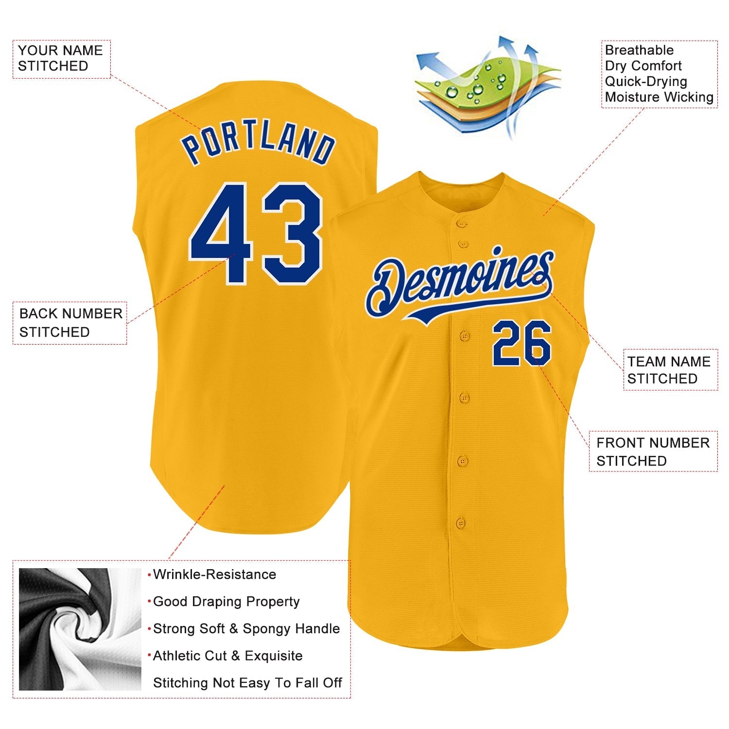 Custom Gold Royal-White Authentic Sleeveless Baseball Jersey baseball jersey product view 2