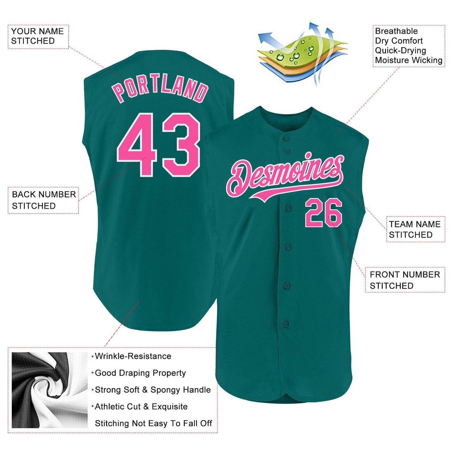 Custom Teal Pink-White Authentic Sleeveless Baseball Jersey baseball jersey product view 2