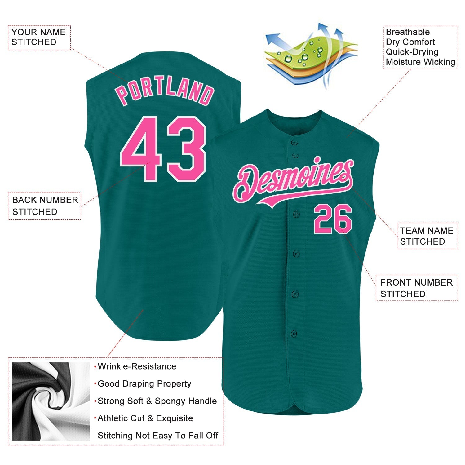 Custom Teal Pink-White Authentic Sleeveless Baseball Jersey baseball jersey product view 2