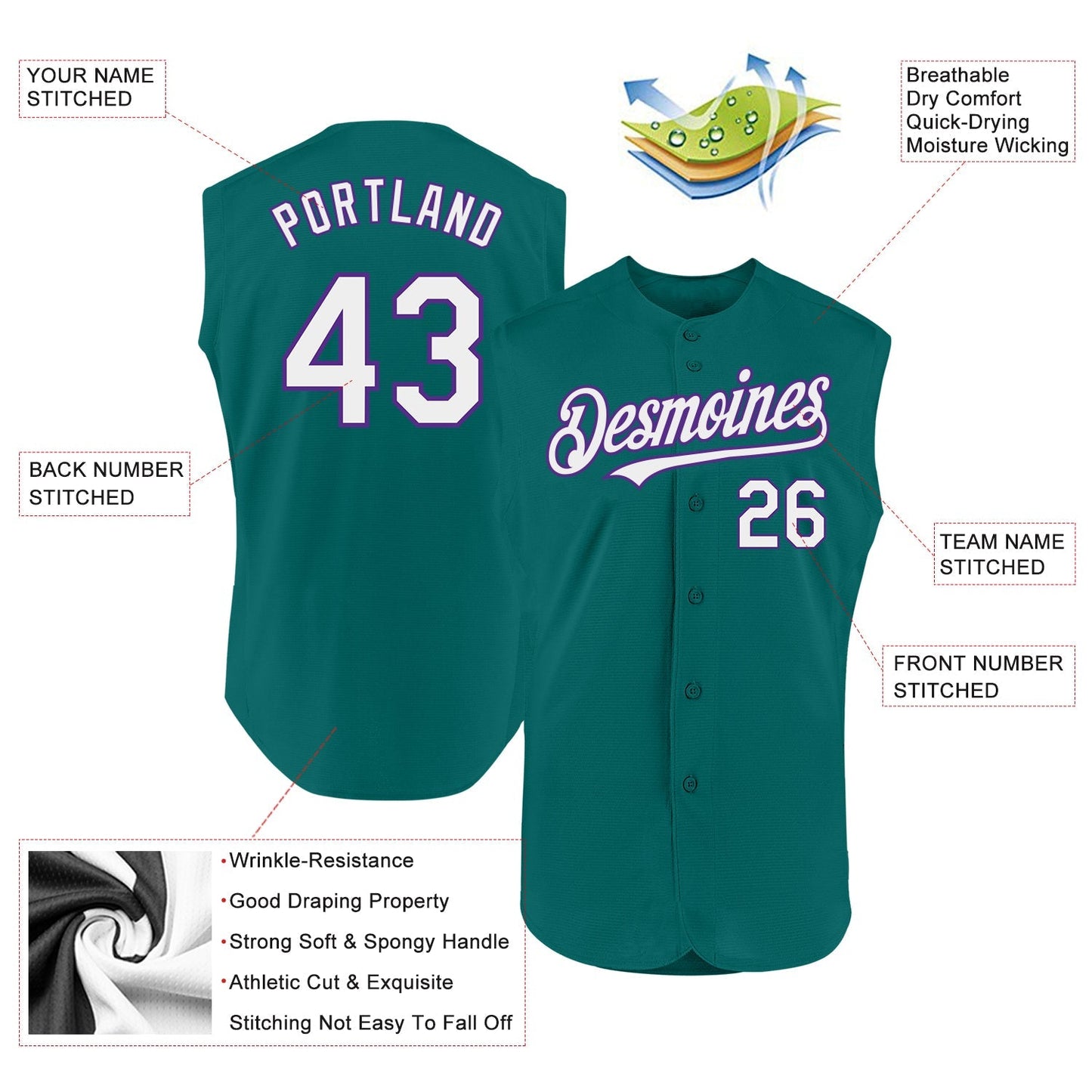 Custom Teal White-Purple Authentic Sleeveless Baseball Jersey baseball jersey product view 2