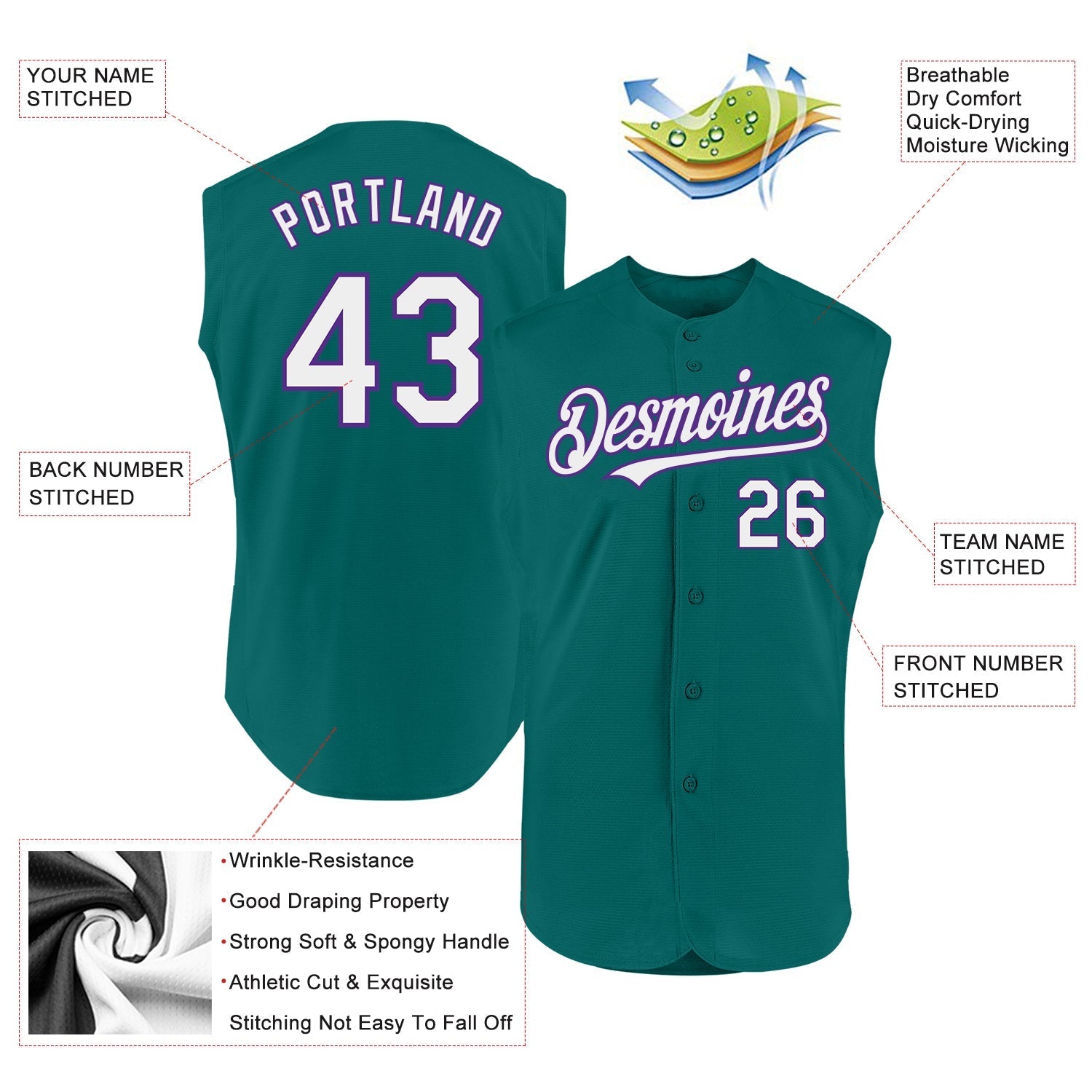 Custom Teal White-Purple Authentic Sleeveless Baseball Jersey baseball jersey product view 2