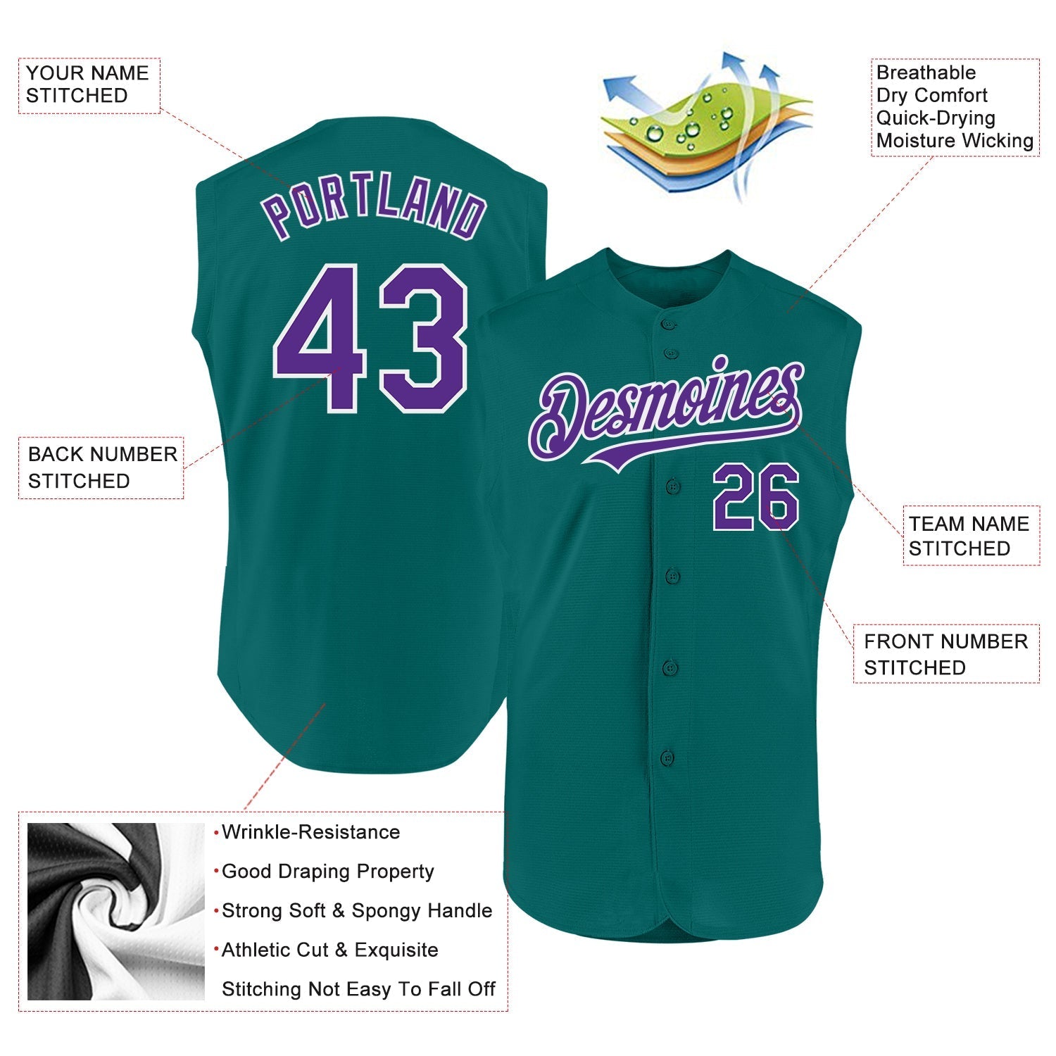 Custom Teal Purple-White Authentic Sleeveless Baseball Jersey baseball jersey product view 2