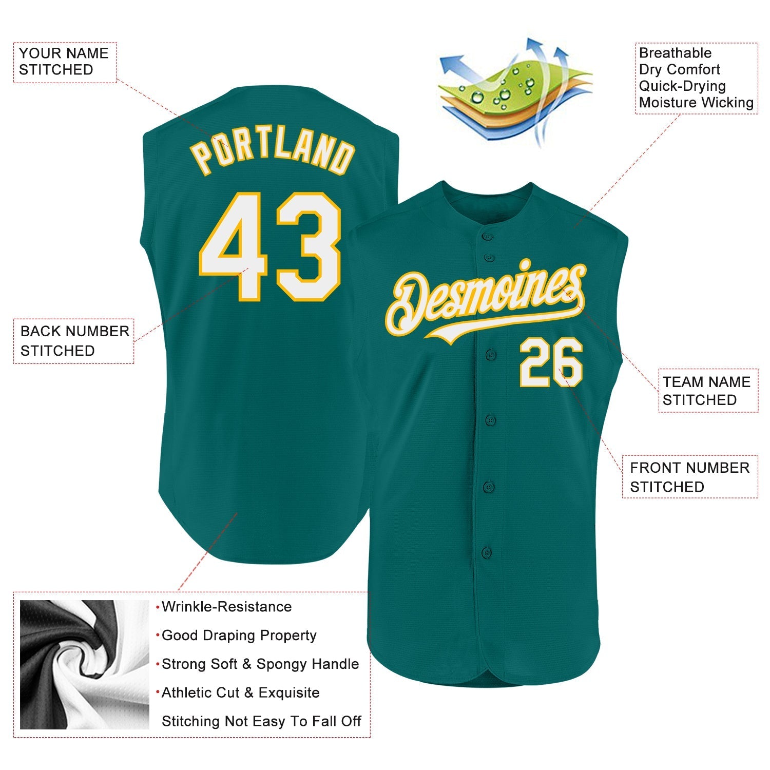 Custom Teal White-Gold Authentic Sleeveless Baseball Jersey baseball jersey product view 2