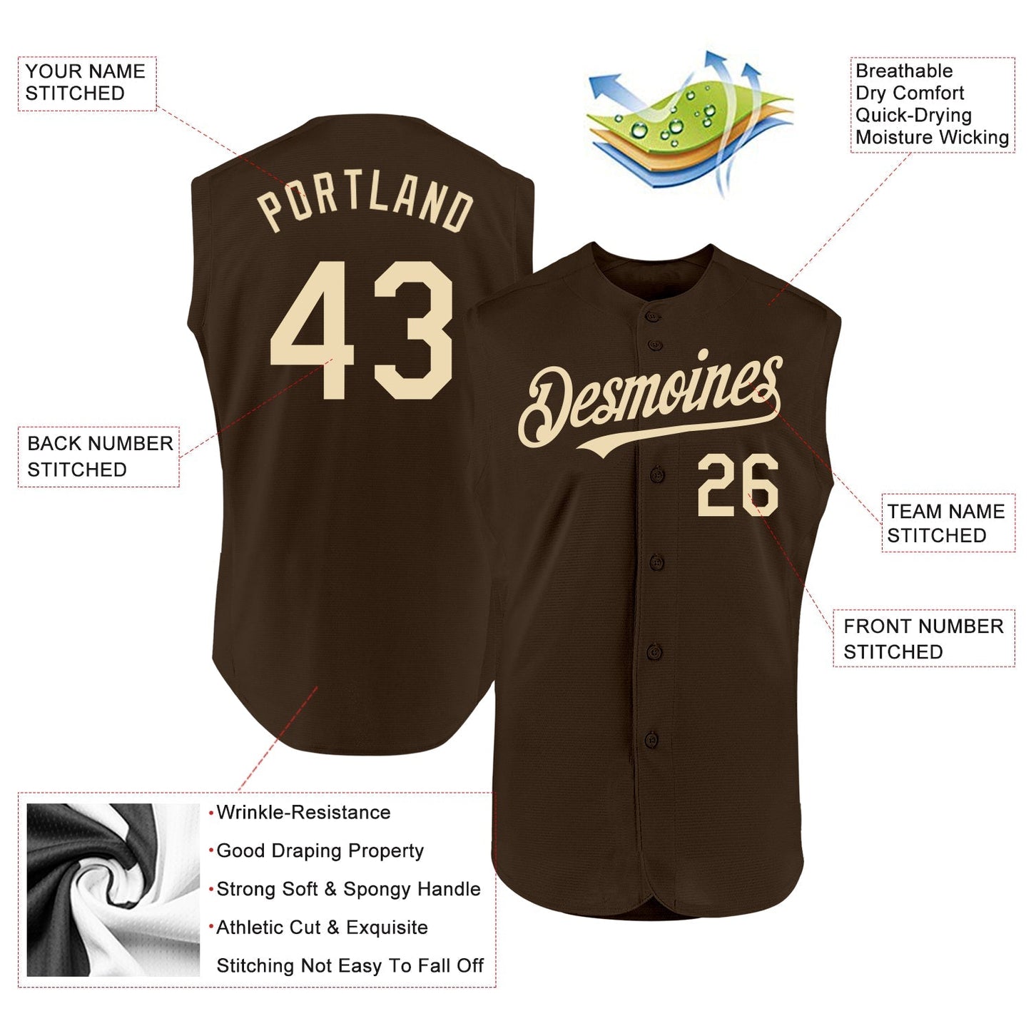 Custom Brown Cream Authentic Sleeveless Baseball Jersey baseball jersey product view 2