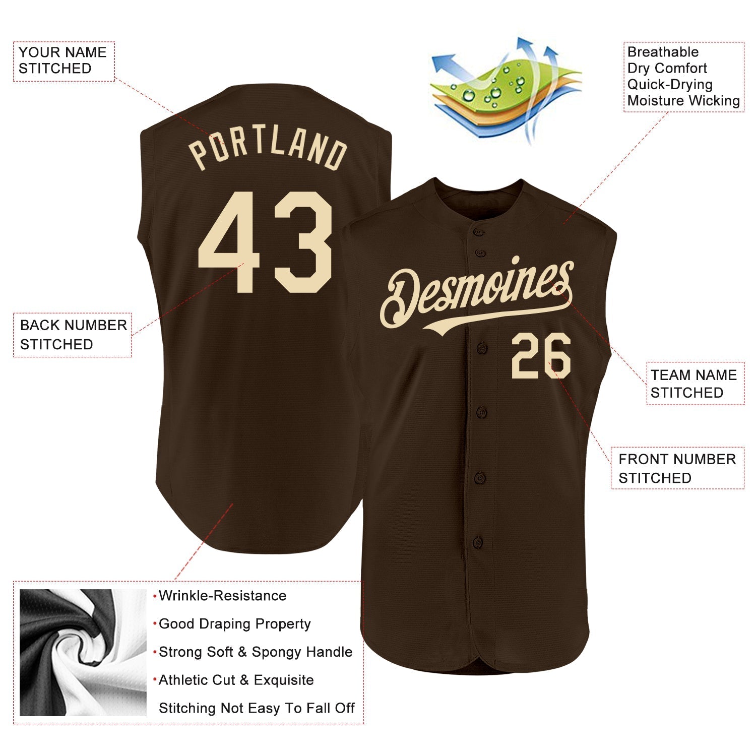 Custom Brown Cream Authentic Sleeveless Baseball Jersey baseball jersey product view 2