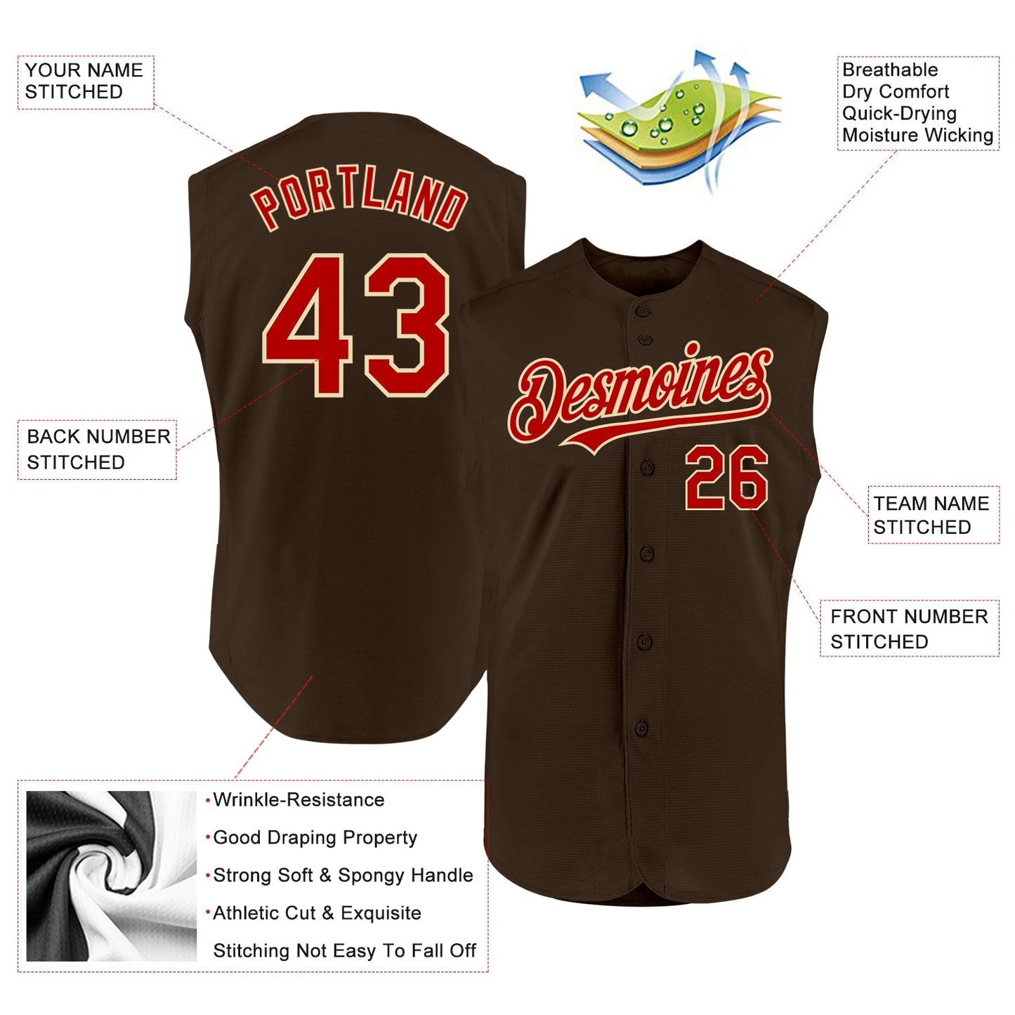 Custom Brown Red-Cream Authentic Sleeveless Baseball Jersey baseball jersey product view 2