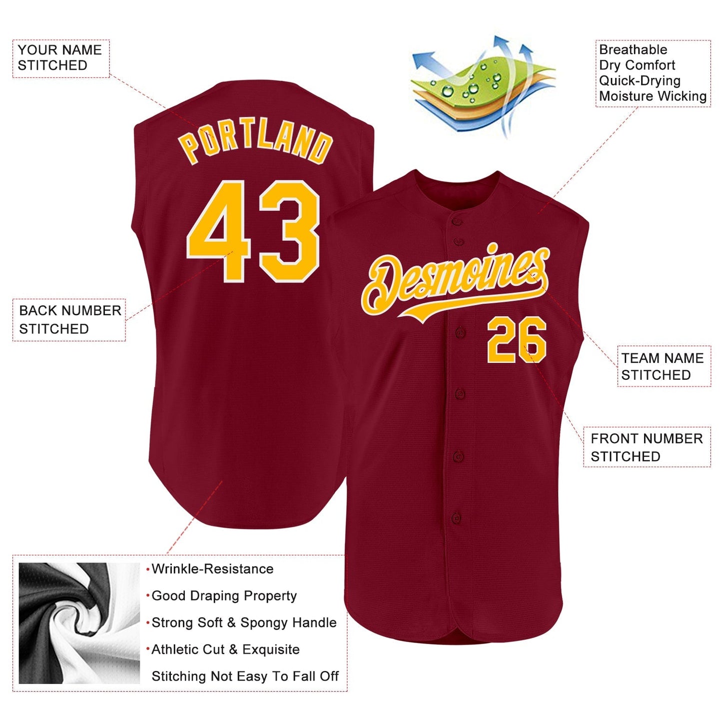 Custom Crimson Gold-White Authentic Sleeveless Baseball Jersey baseball jersey product view 2